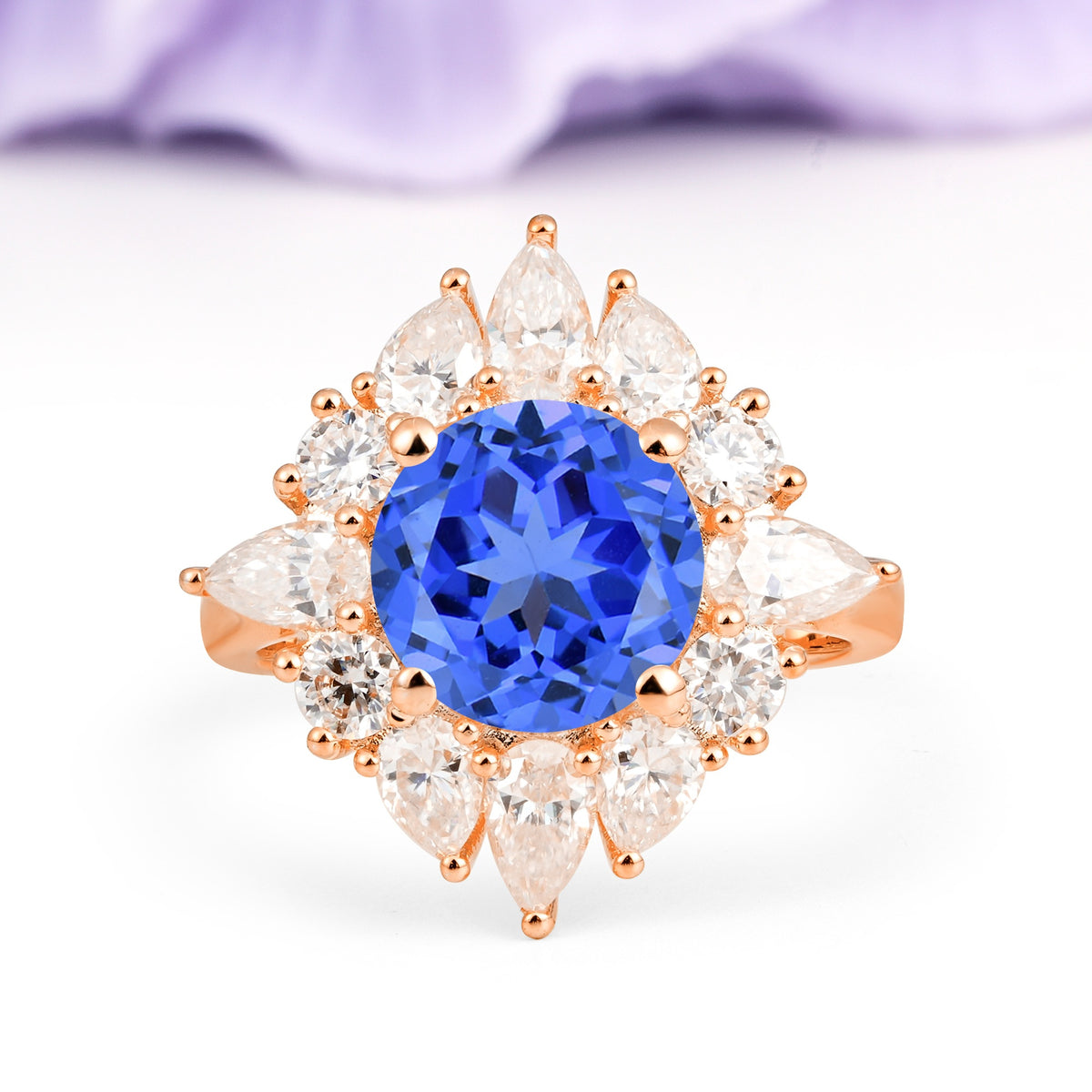 Stunning Starburst Floral Halo Round Cut Sapphire Engagement Ring - Additional view