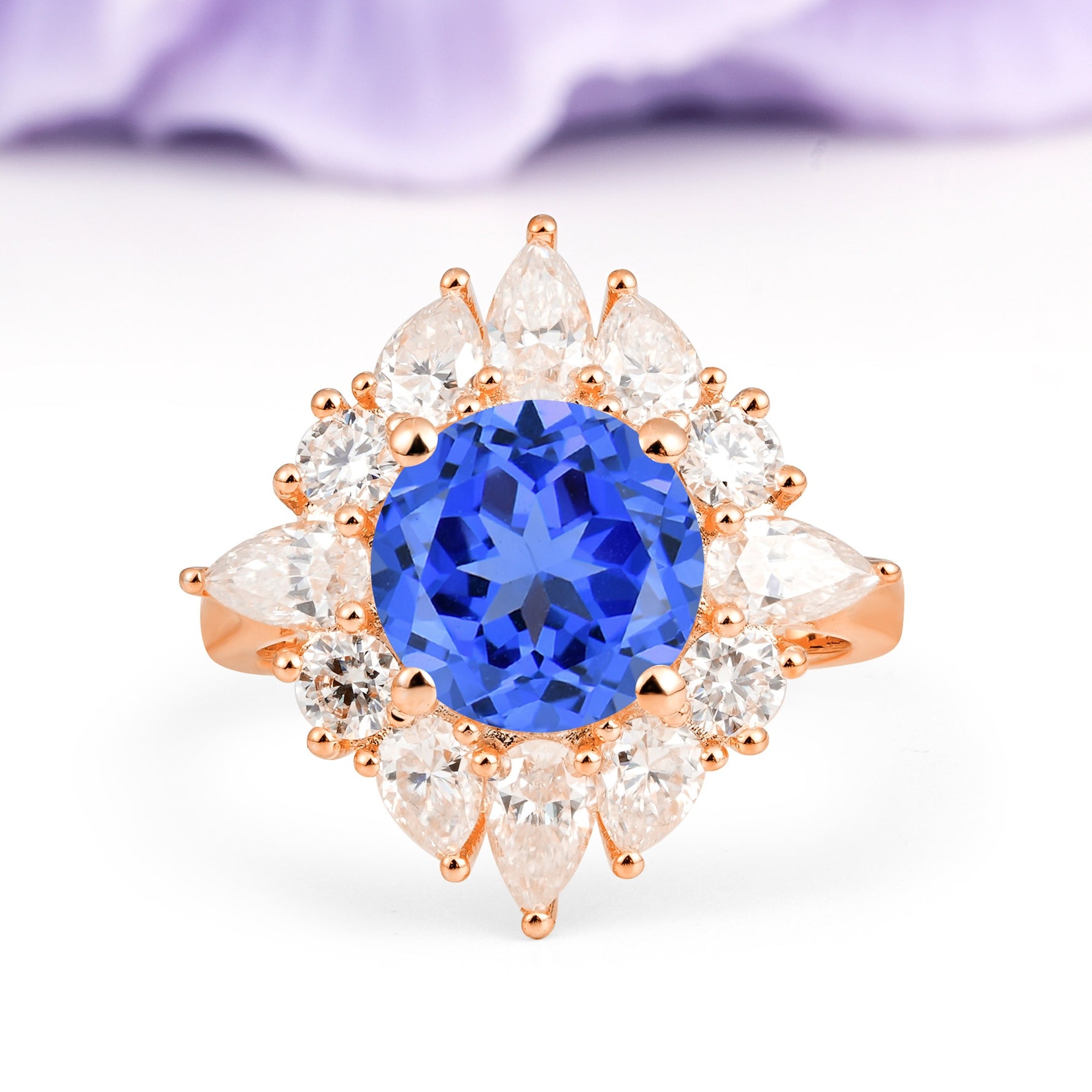 Stunning Starburst Floral Halo Round Cut Sapphire Engagement Ring - Additional view