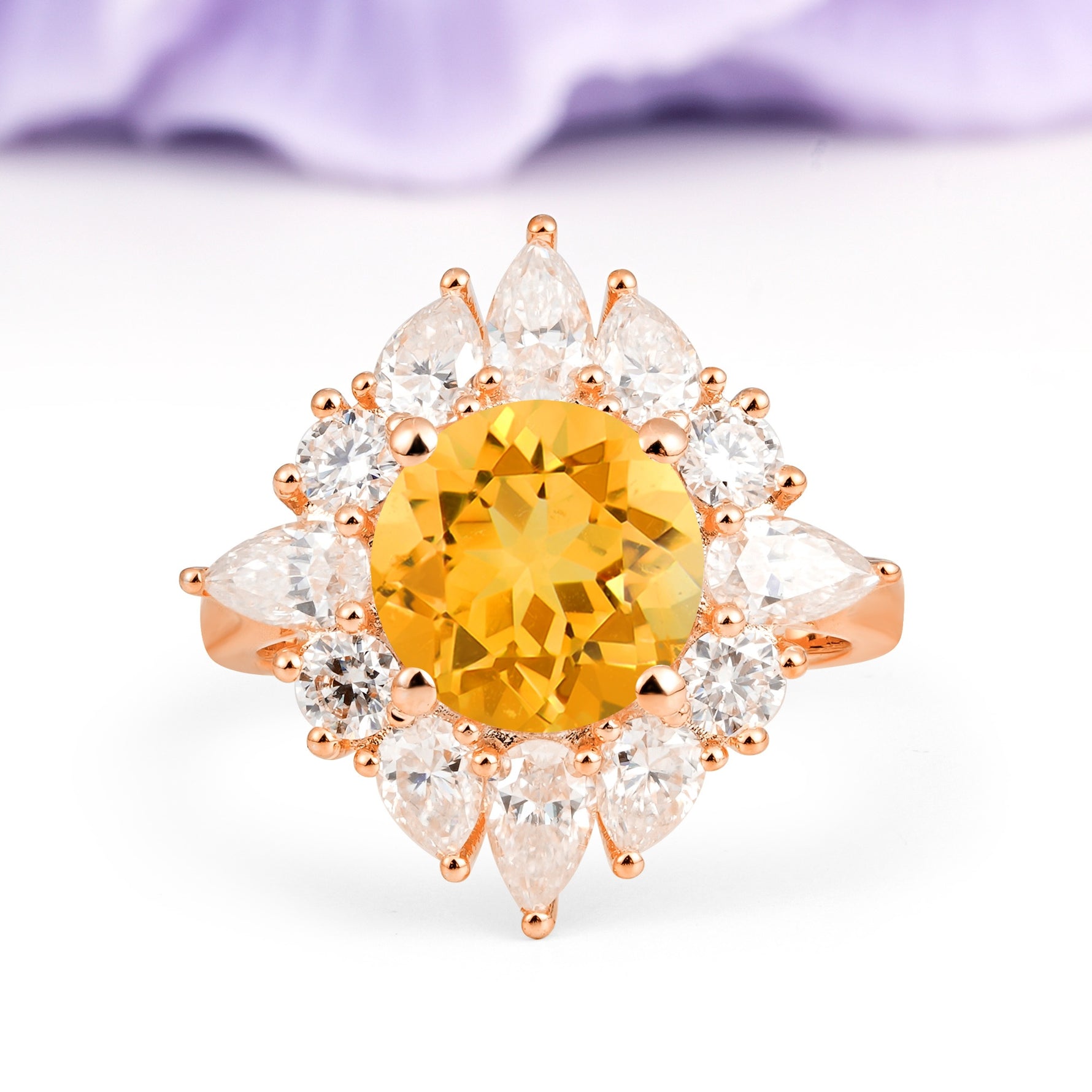 Stunning Starburst Floral Halo Round Cut Citrine Engagement Ring - Additional view