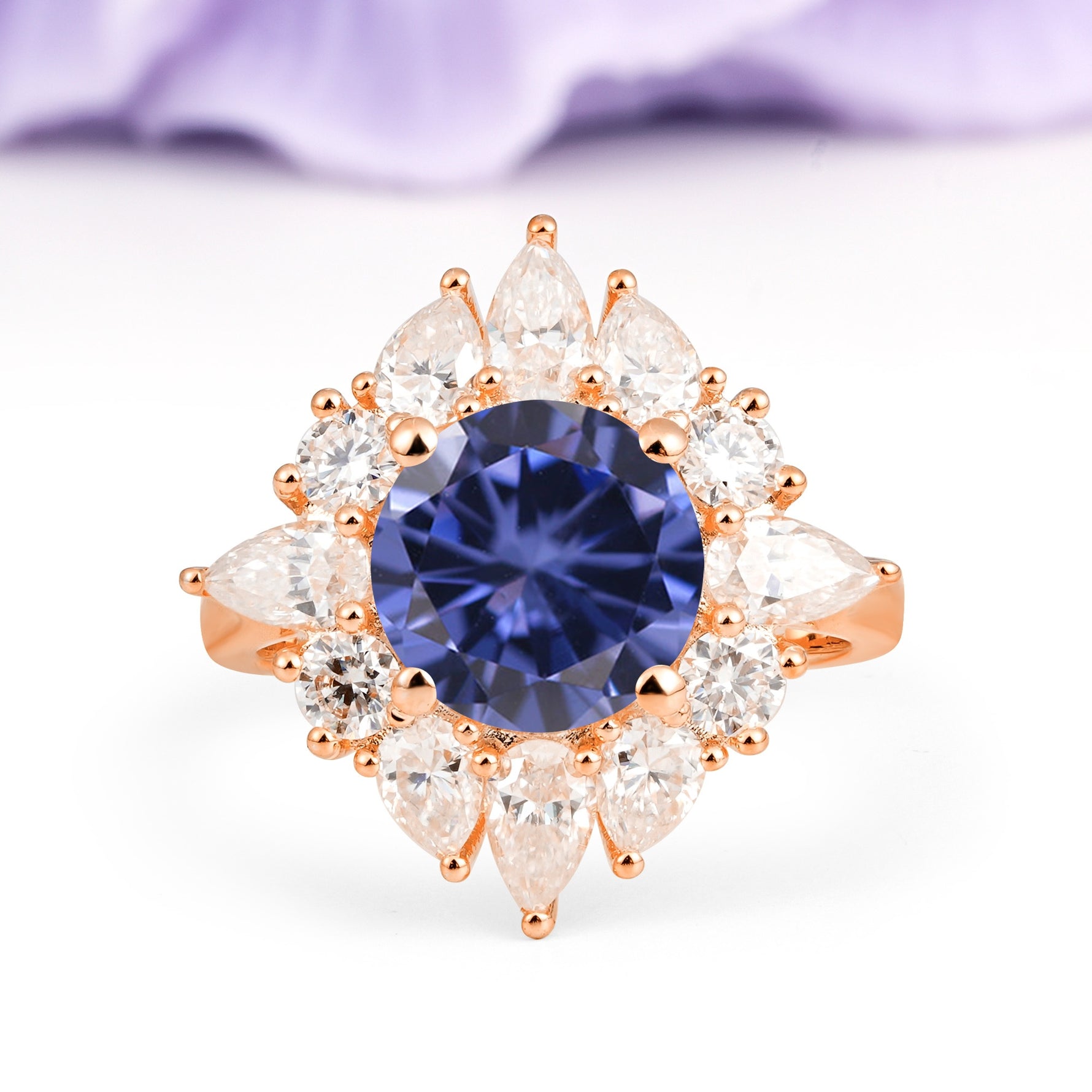 Stunning Starburst Floral Halo Round Cut Tanzanite Engagement Ring - Additional view