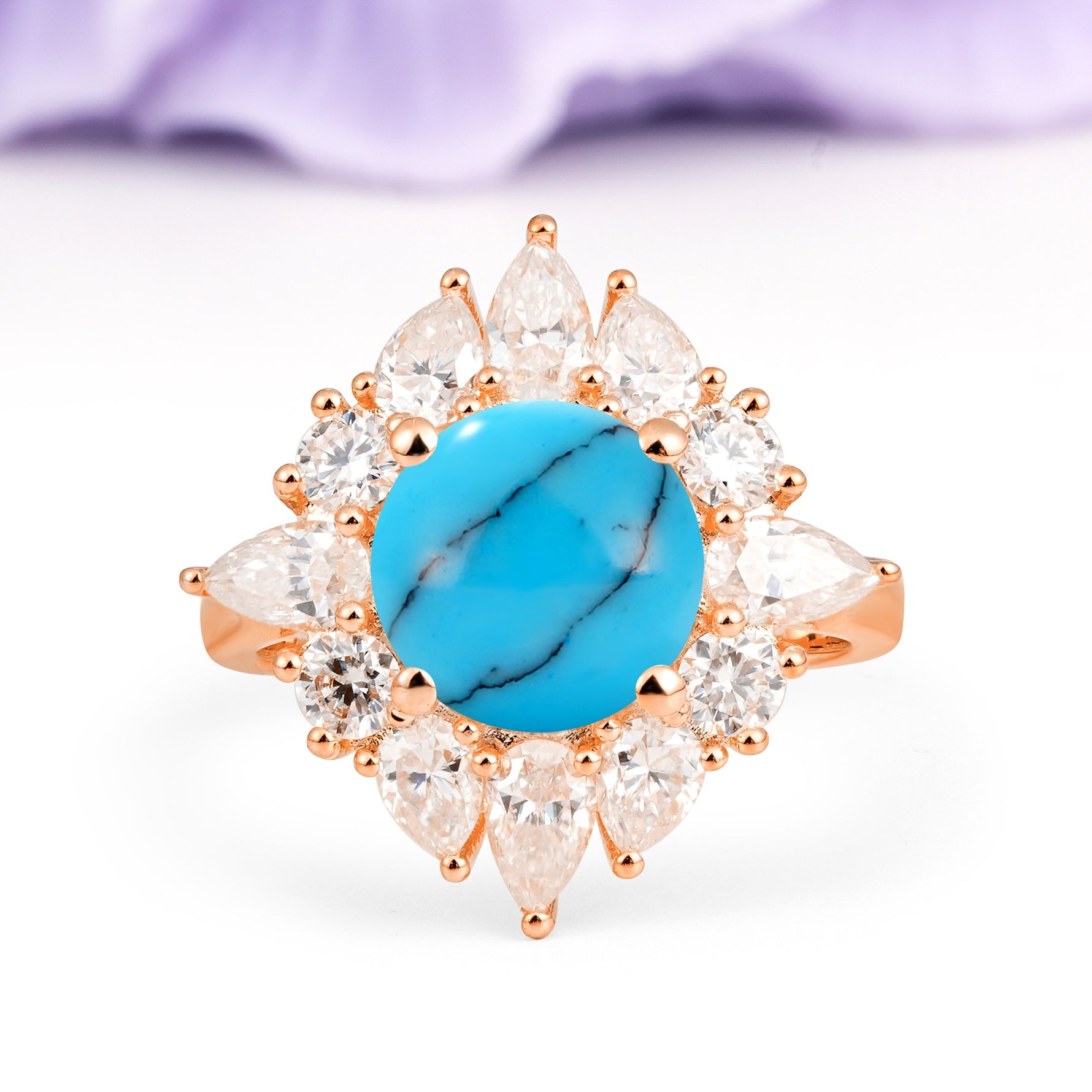 Stunning Starburst Floral Halo Round Cut Turquoise Engagement Ring - Additional view