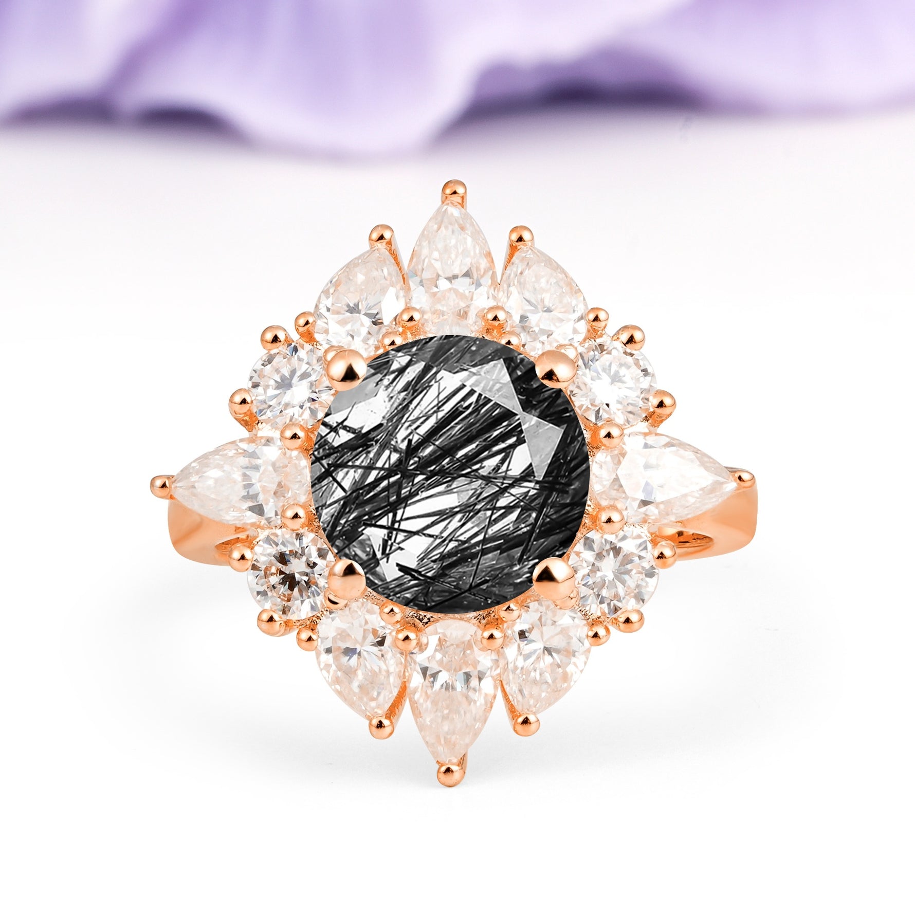 Stunning Starburst Floral Halo Round Cut Black Rutilated Quartz Engagement Ring - Additional view