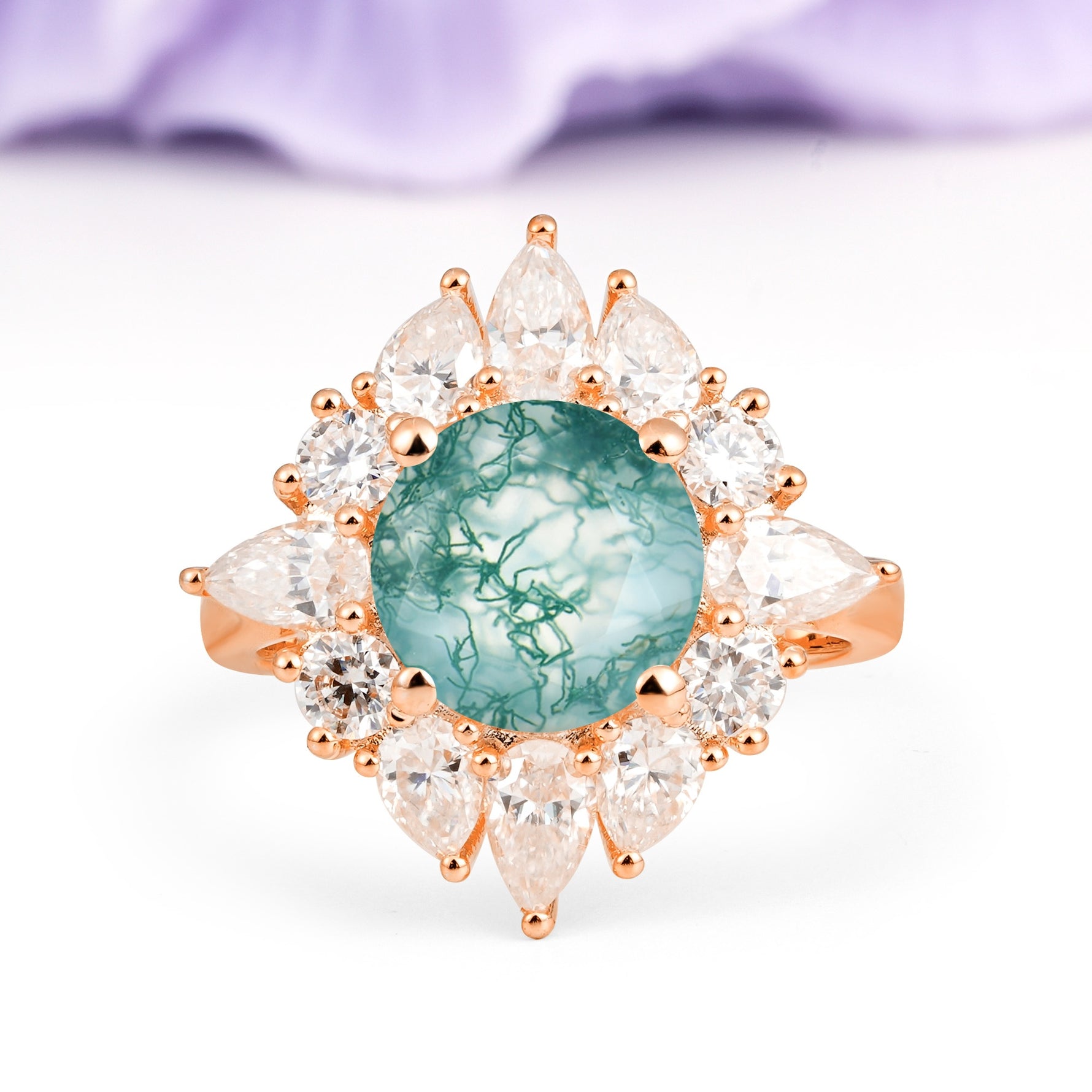 Stunning Starburst Floral Halo Round Cut Moss Agate Engagement Ring - Additional view