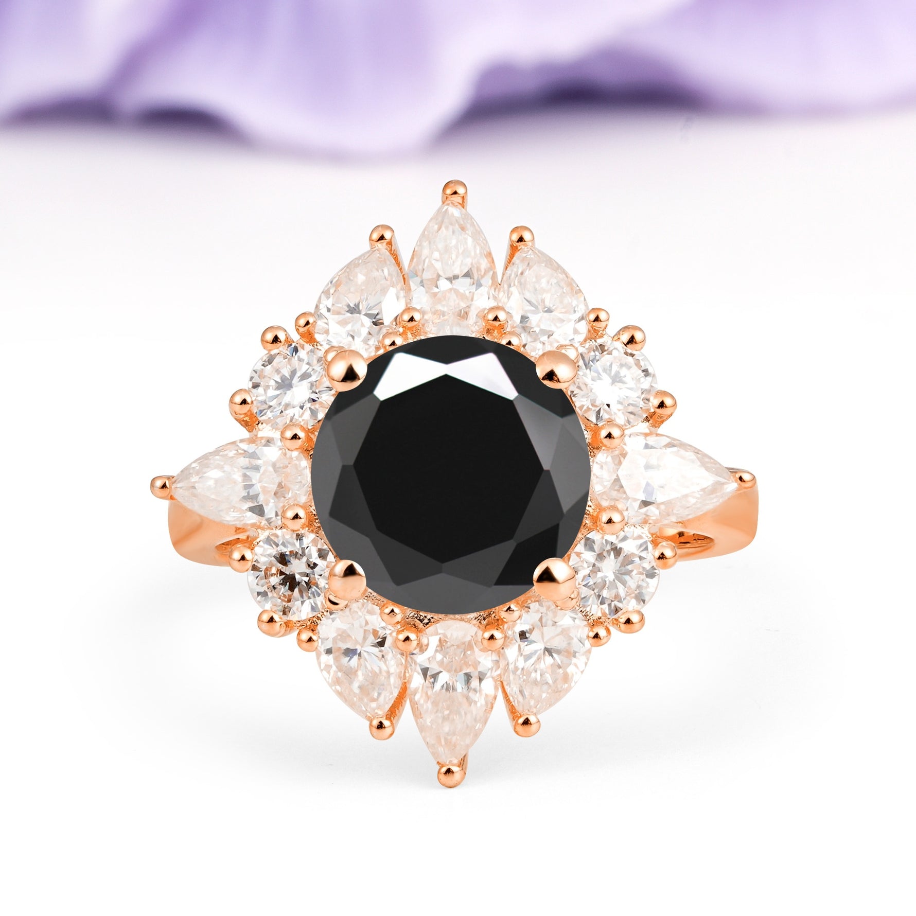 Stunning Starburst Floral Halo Round Cut Black Onyx Engagement Ring - Additional view
