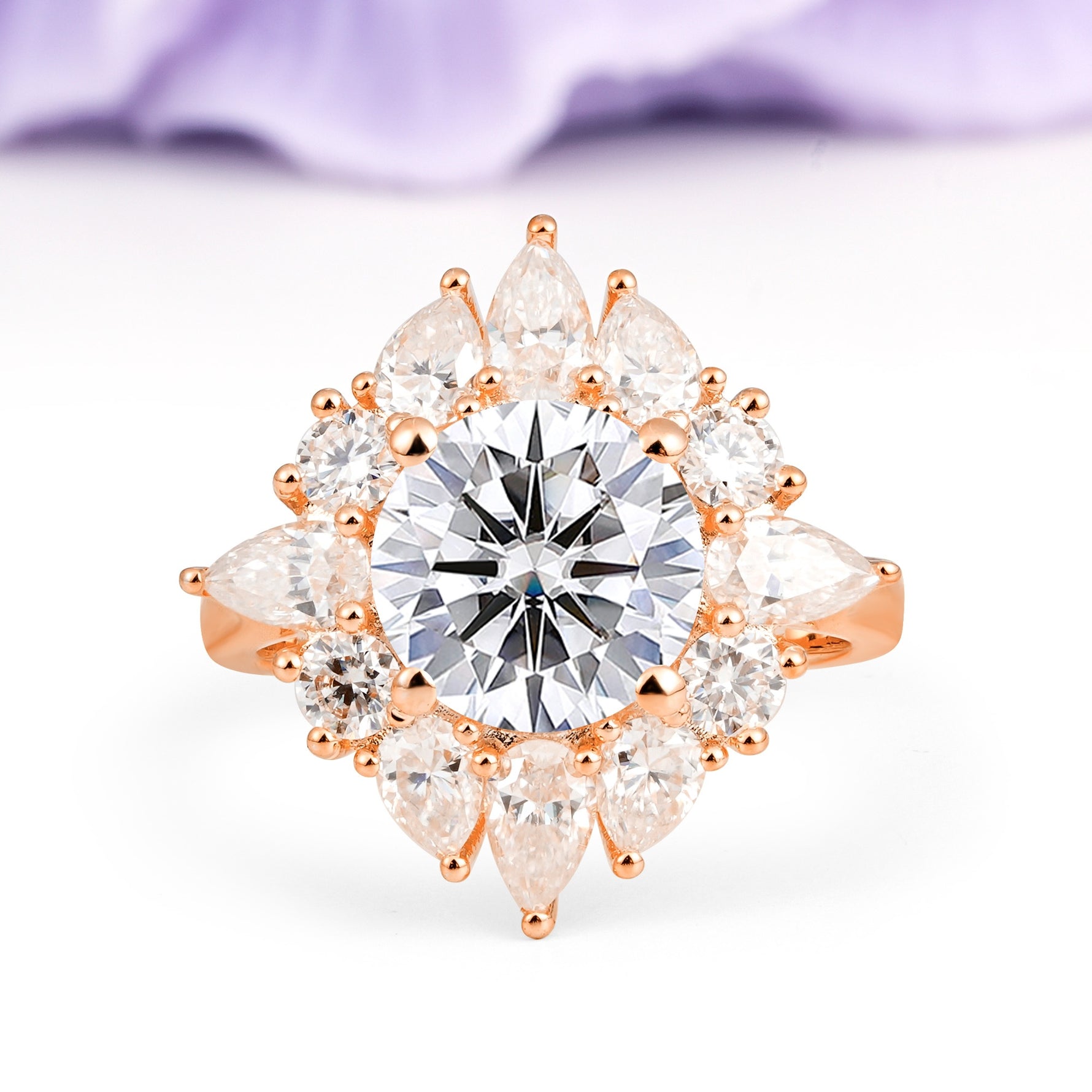 Stunning Starburst Floral Halo Round Cut Lab Diamond Engagement Ring - Additional view