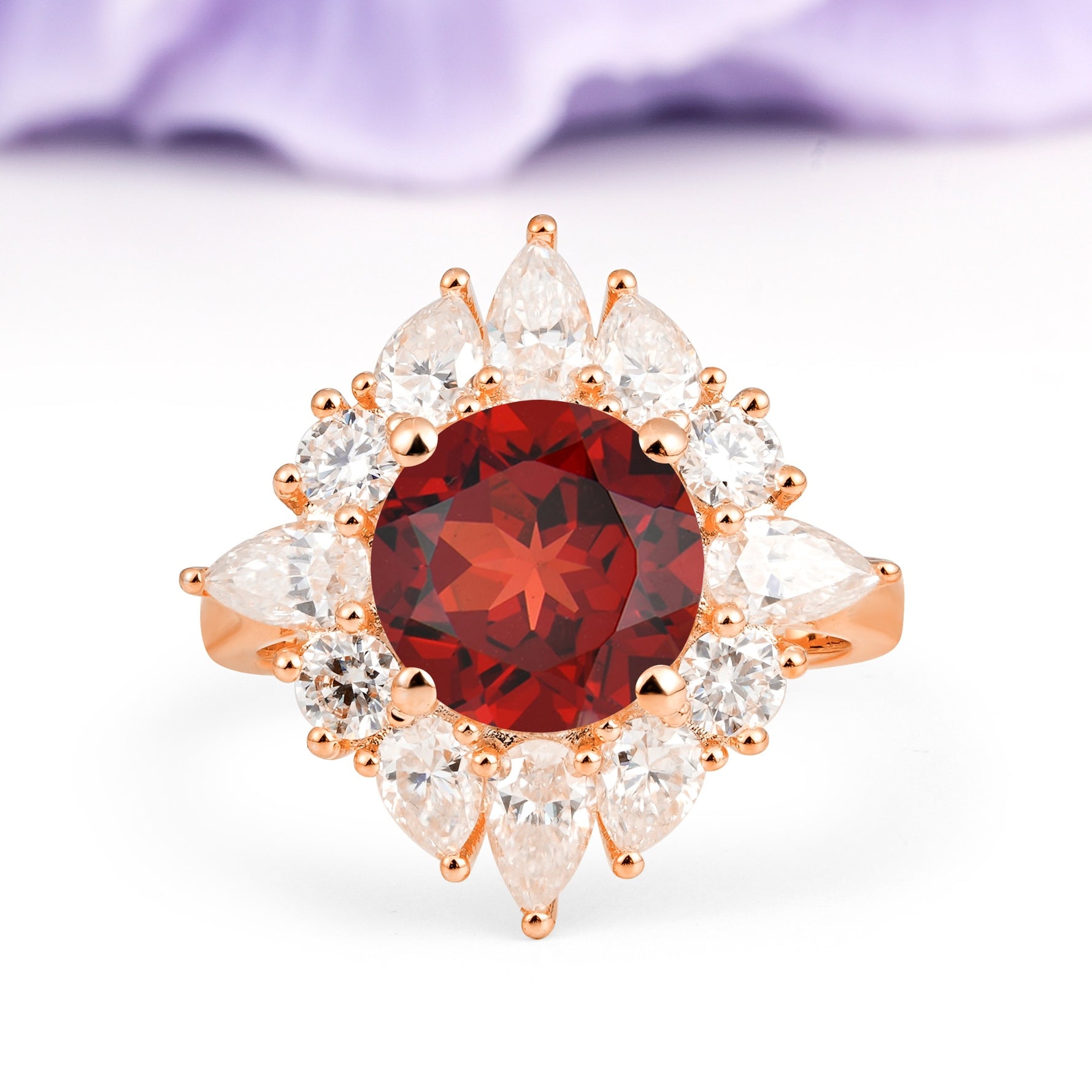 Stunning Starburst Floral Halo Round Cut Garnet Engagement Ring - Additional view