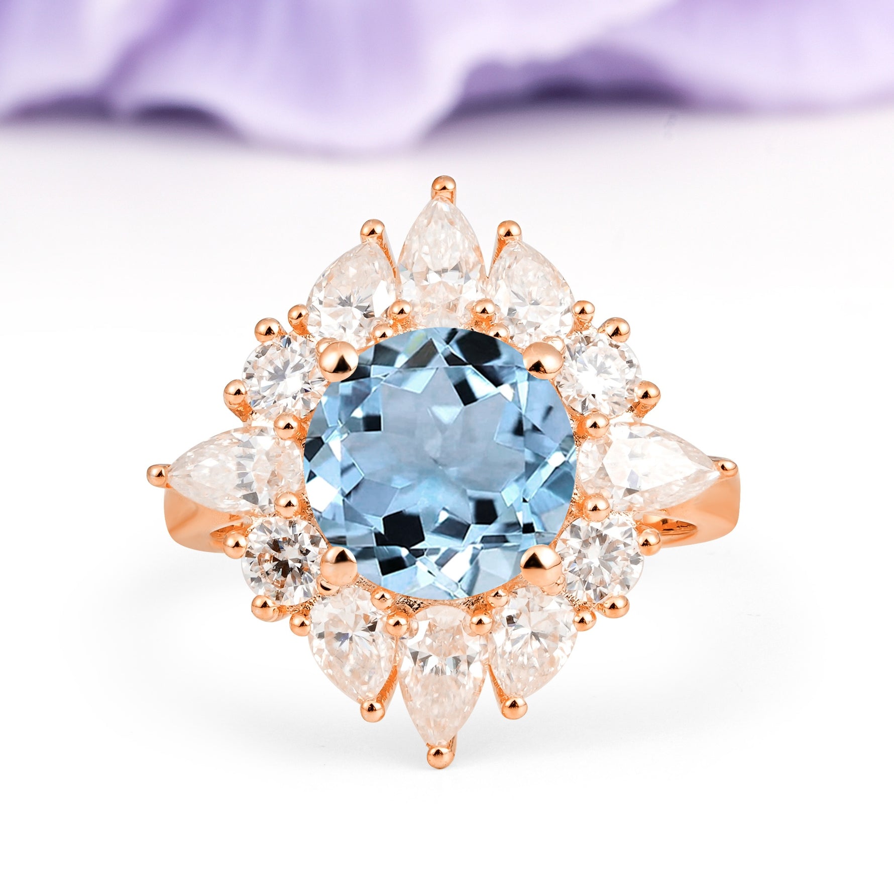 Stunning Starburst Floral Halo Round Cut Aquamarine Engagement Ring - Additional view