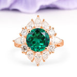 Stunning Starburst Floral Halo Round Cut Emerald Engagement Ring - Additional view