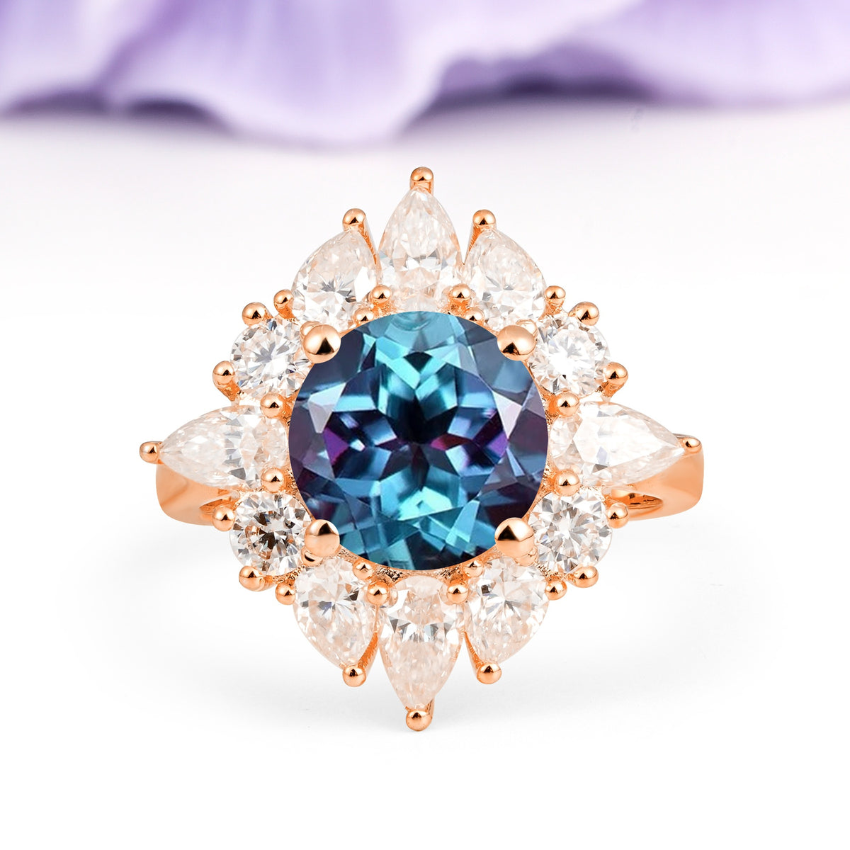 Stunning Starburst Floral Halo Round Cut Alexandrite Engagement Ring - Additional view