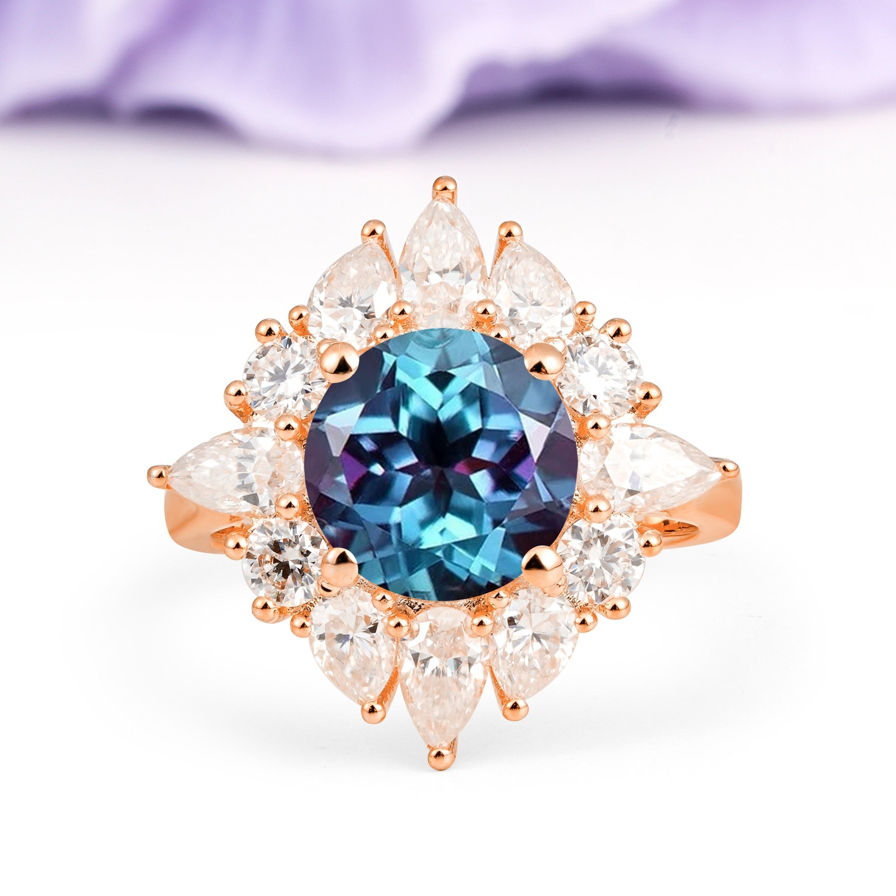 Stunning Starburst Floral Halo Round Cut Alexandrite Engagement Ring - Additional view