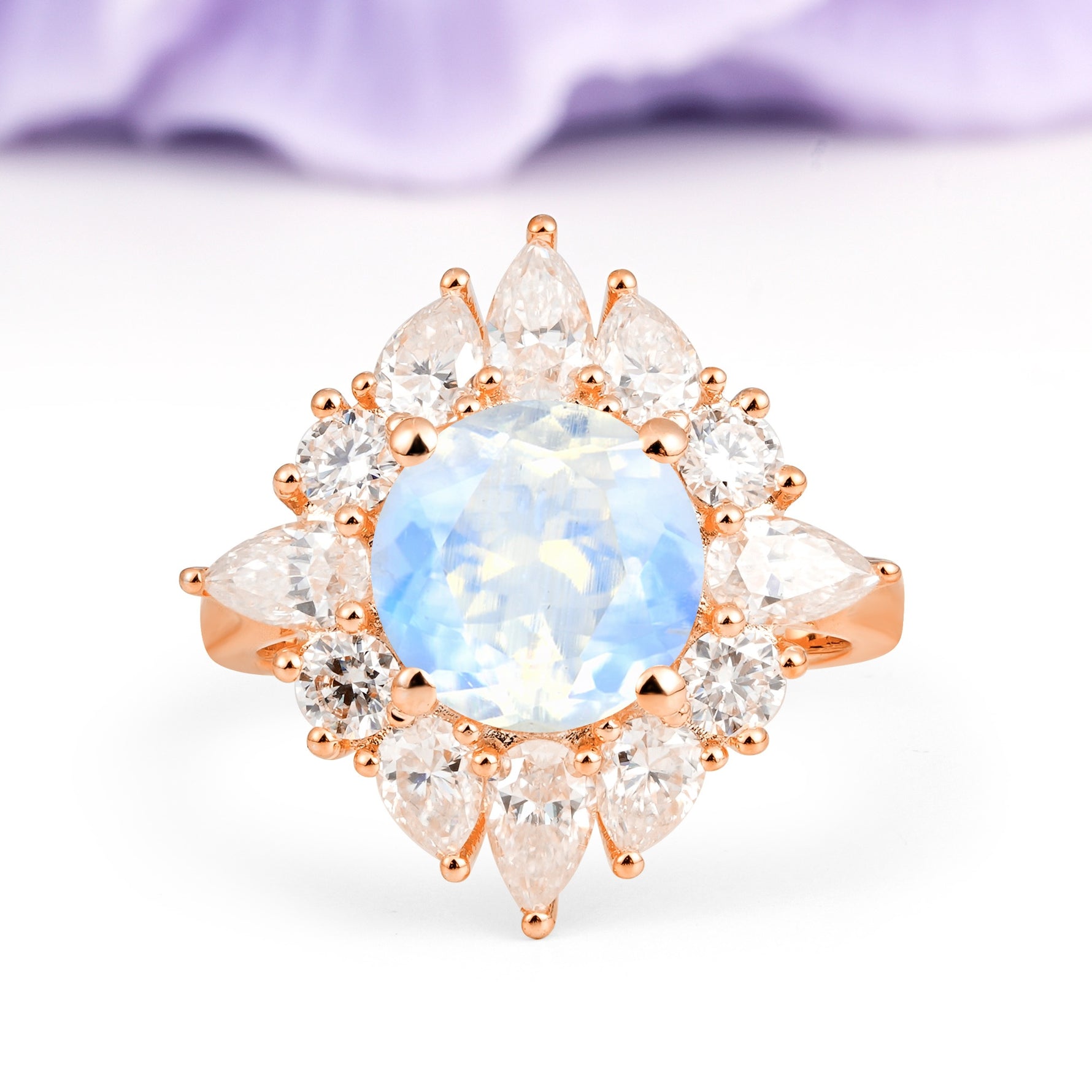 Stunning Starburst Floral Halo Round Cut Moonstone Engagement Ring - Additional view