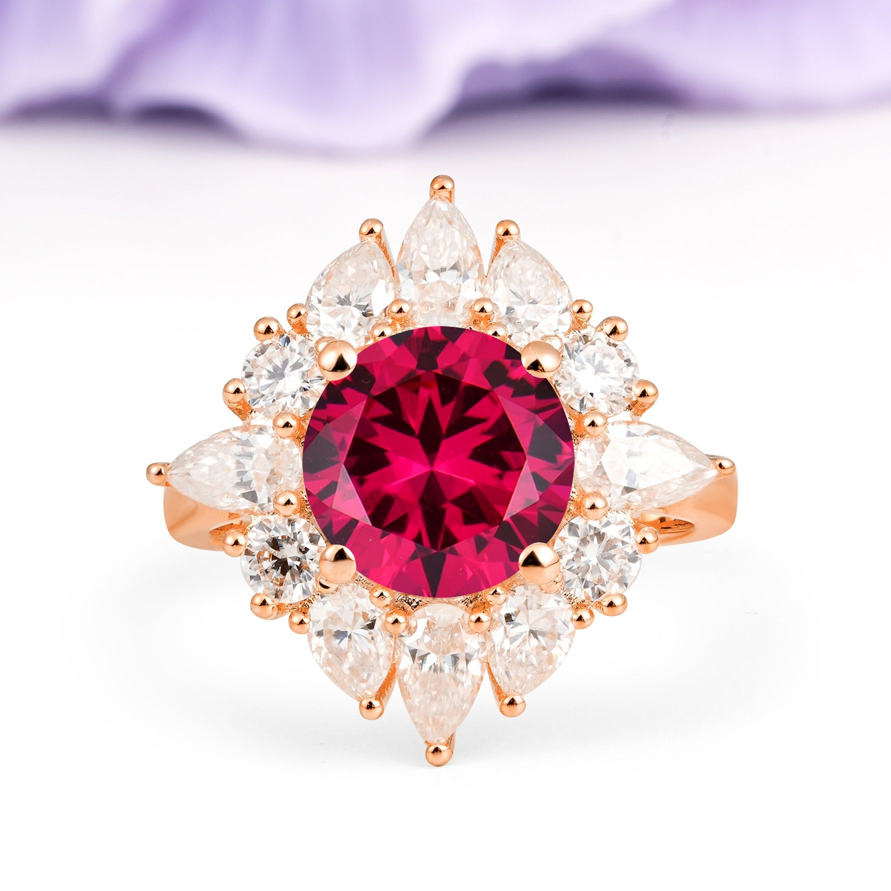Stunning Starburst Floral Halo Round Cut Ruby Engagement Ring - Additional view
