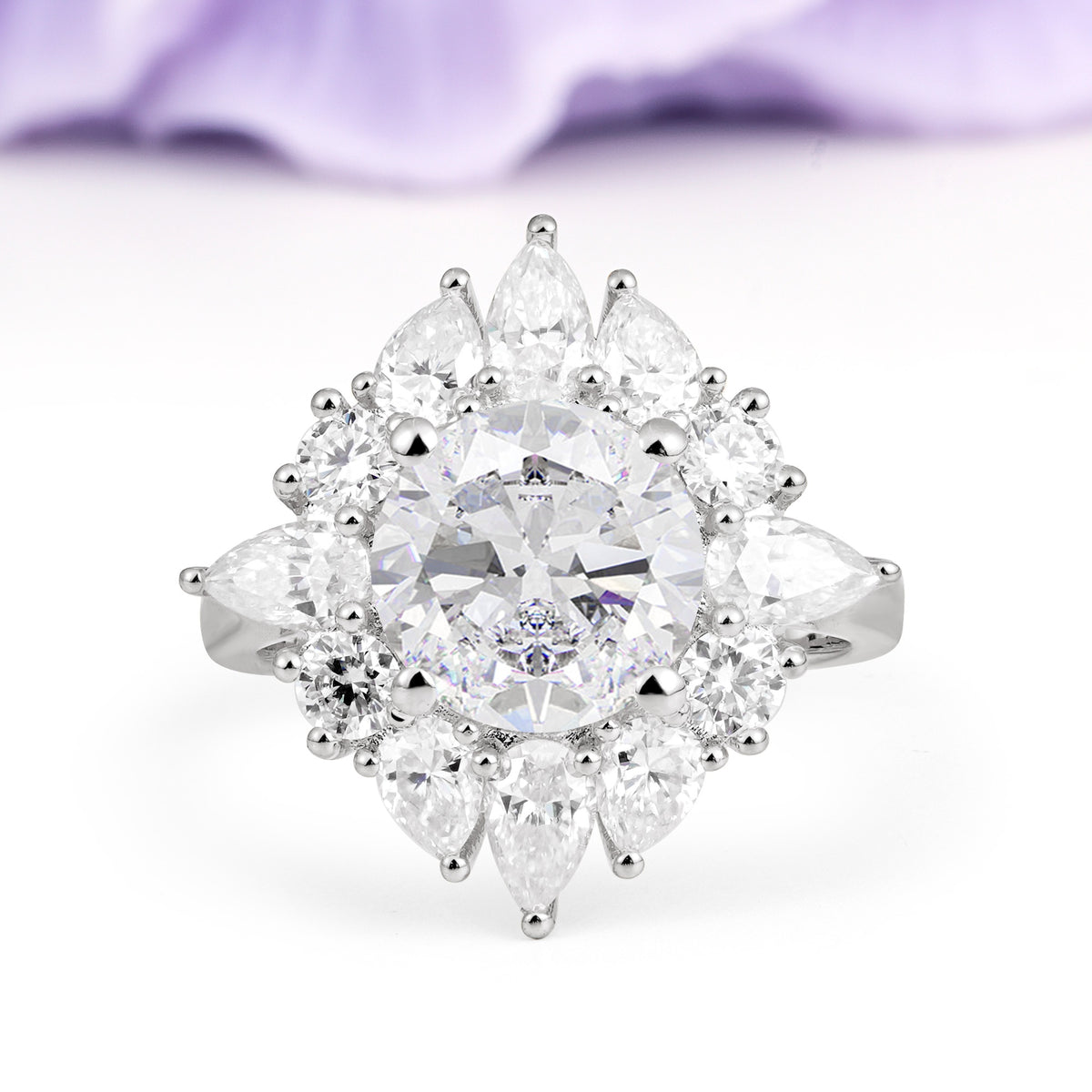 Stunning Starburst Floral Halo Round Cut Moissanite Engagement Ring - Additional view