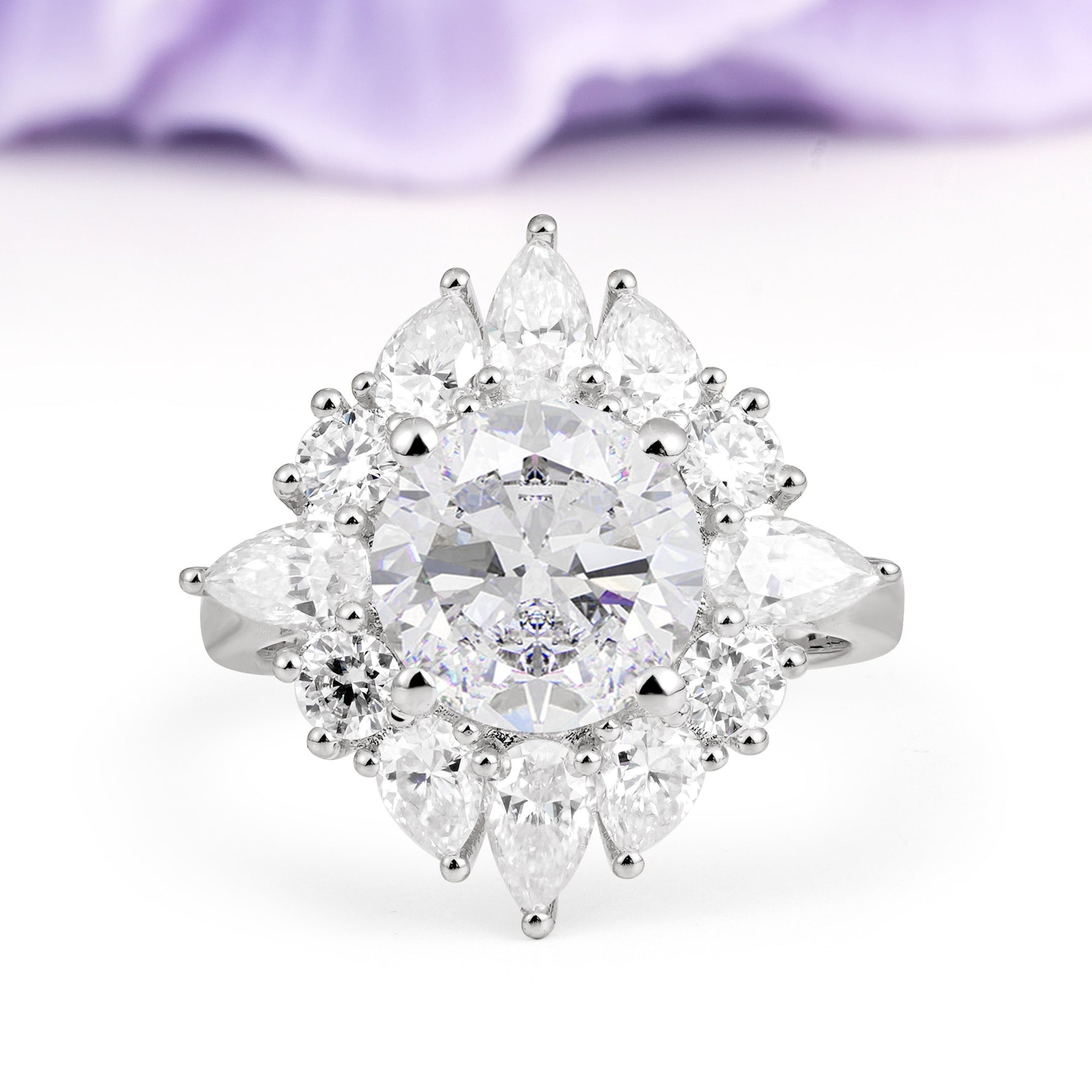 Stunning Starburst Floral Halo Round Cut Moissanite Engagement Ring - Additional view