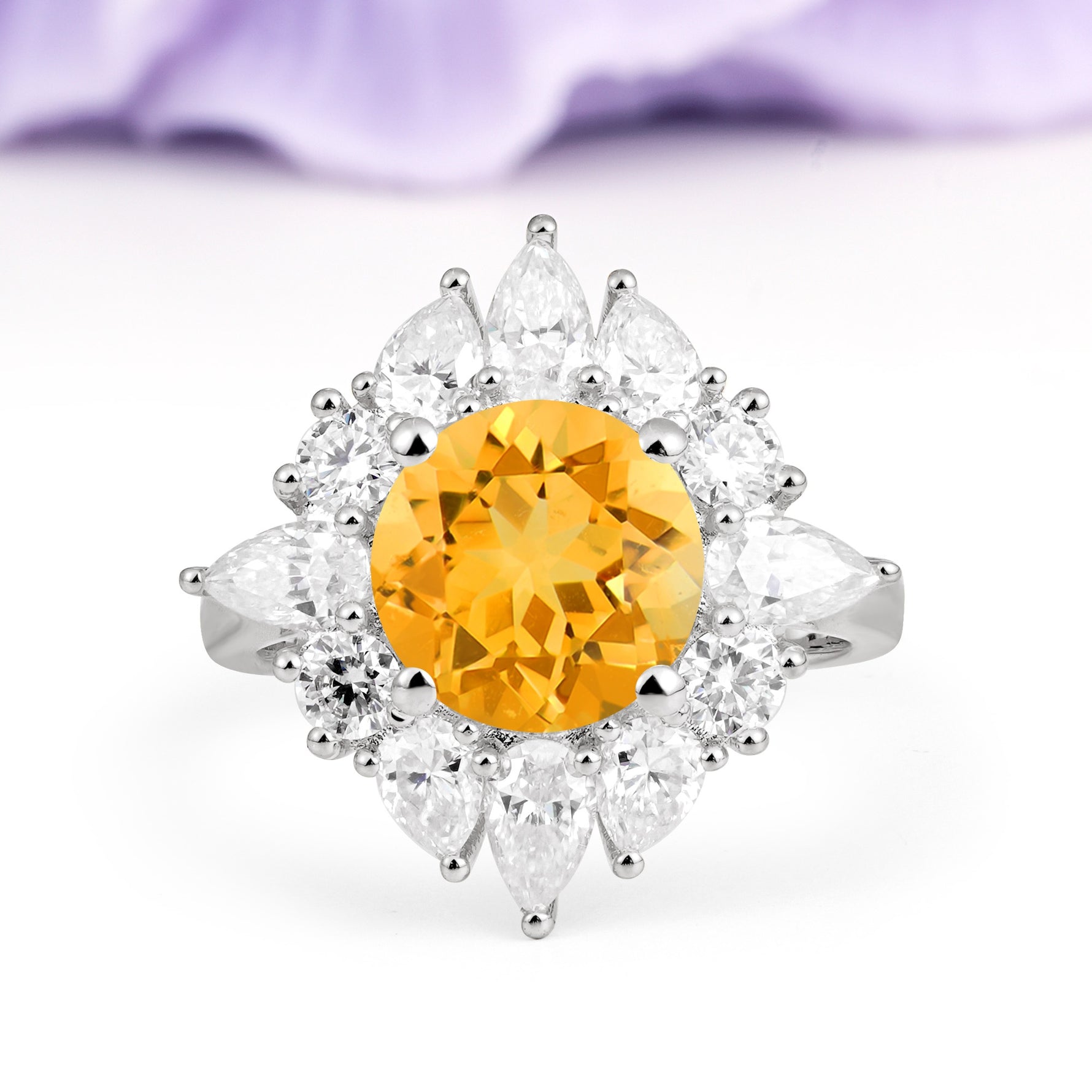 Stunning Starburst Floral Halo Round Cut Citrine Engagement Ring - Additional view