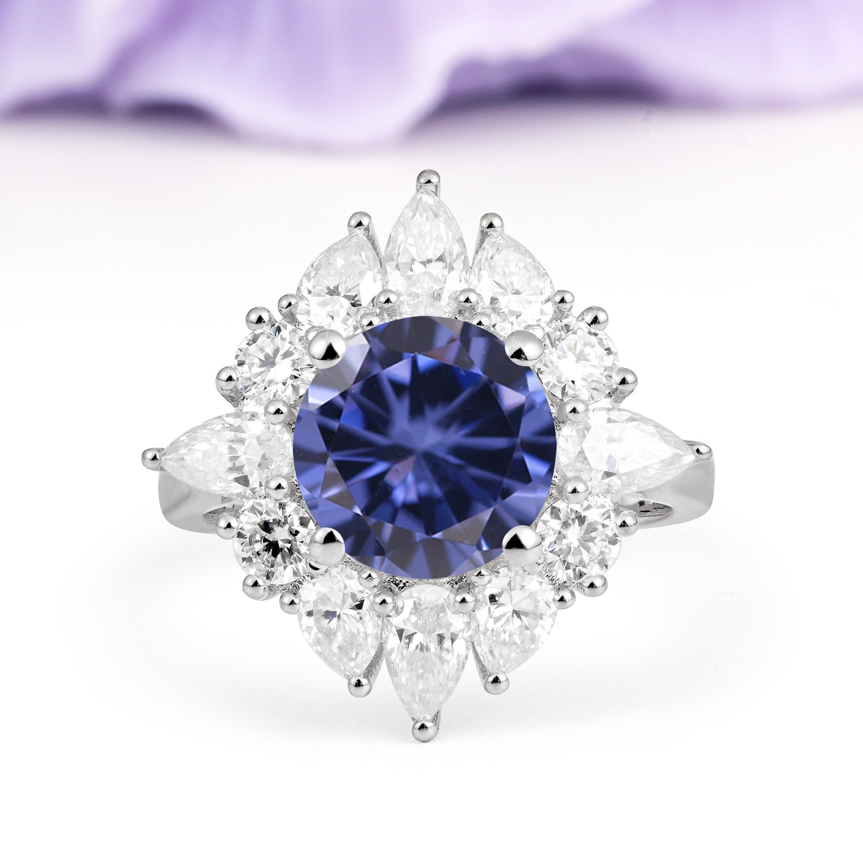 Stunning Starburst Floral Halo Round Cut Tanzanite Engagement Ring - Additional view
