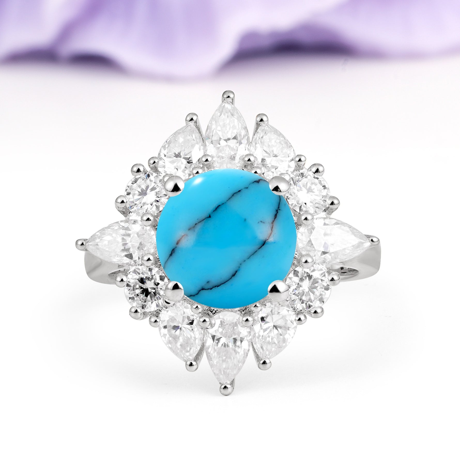 Stunning Starburst Floral Halo Round Cut Turquoise Engagement Ring - Additional view