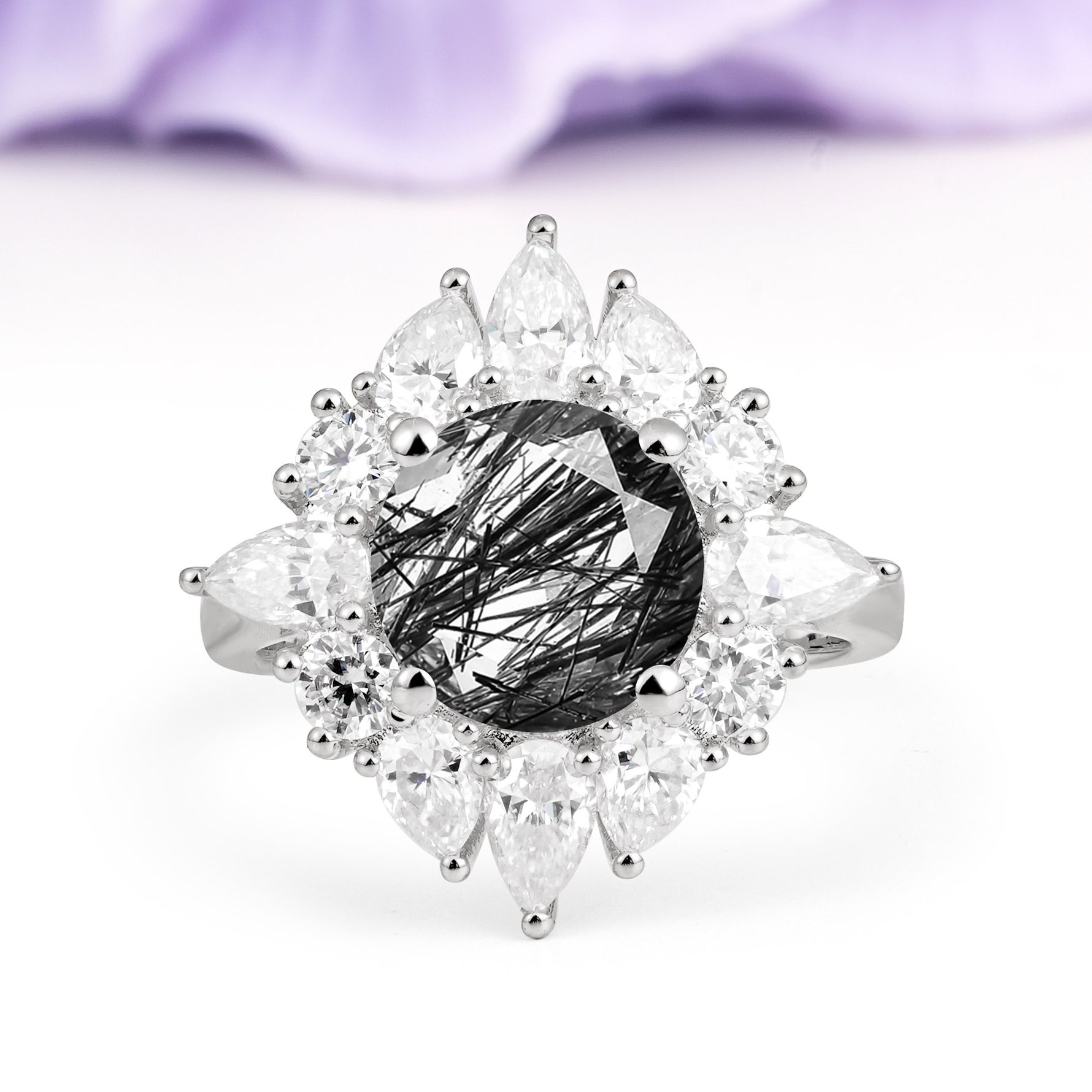 Stunning Starburst Floral Halo Round Cut Black Rutilated Quartz Engagement Ring - Additional view