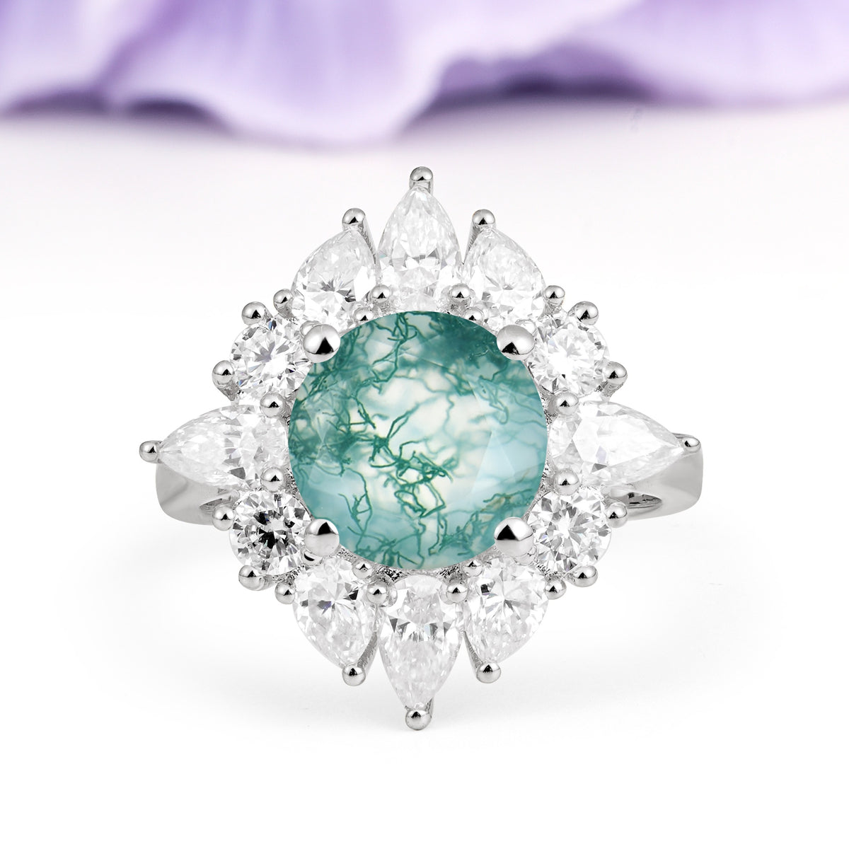Stunning Starburst Floral Halo Round Cut Moss Agate Engagement Ring - Additional view