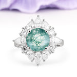 Stunning Starburst Floral Halo Round Cut Moss Agate Engagement Ring - Additional view