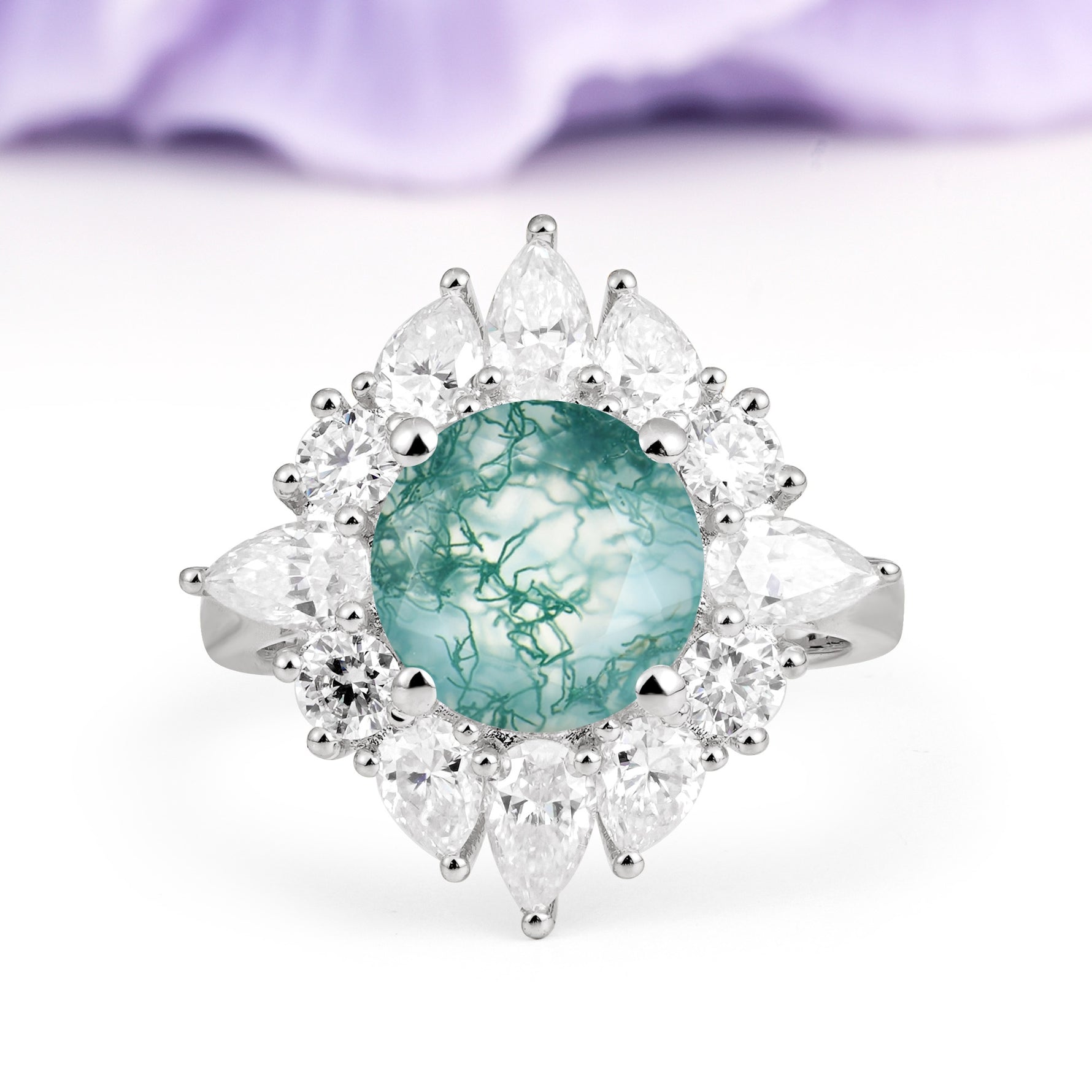 Stunning Starburst Floral Halo Round Cut Moss Agate Engagement Ring - Additional view