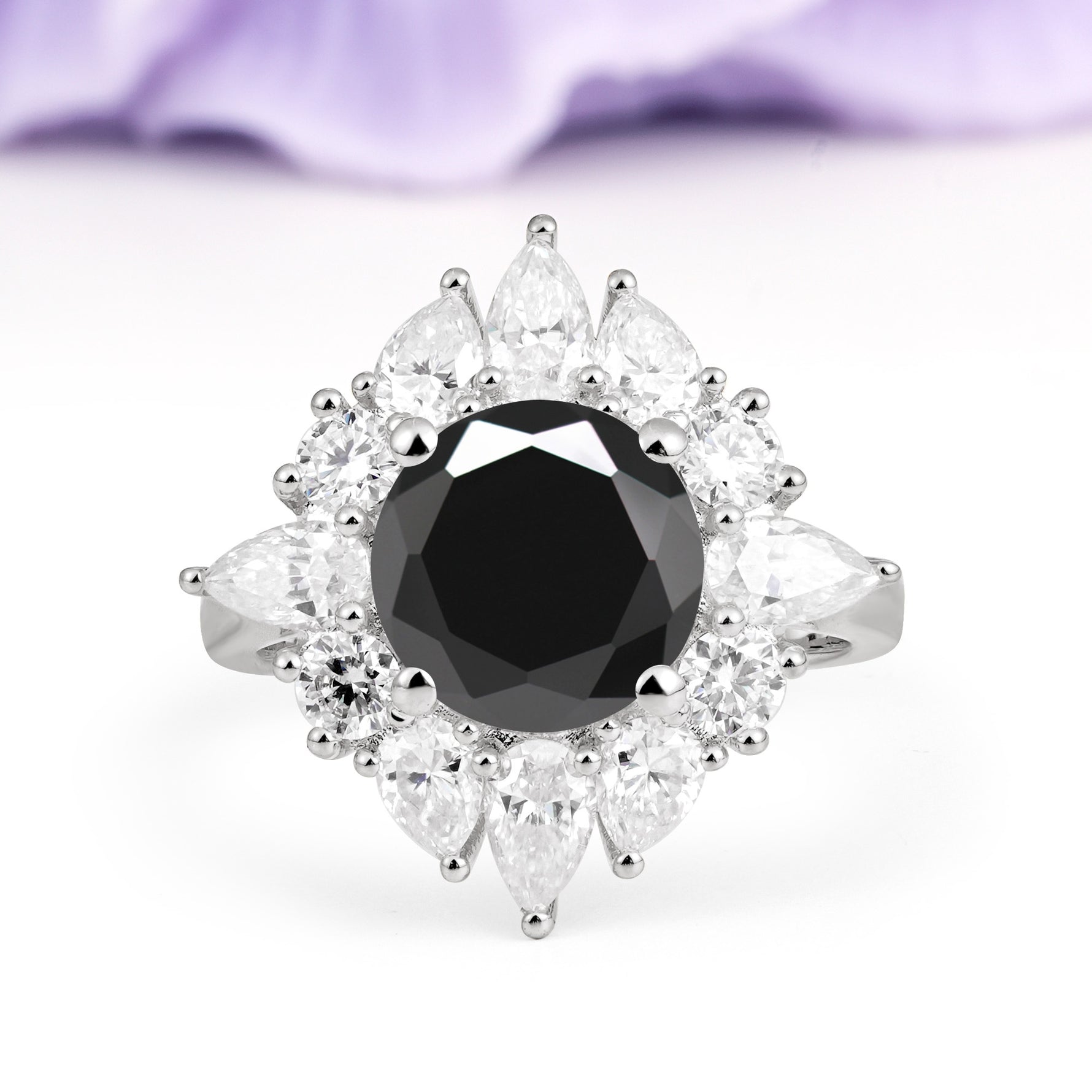 Stunning Starburst Floral Halo Round Cut Black Onyx Engagement Ring - Additional view
