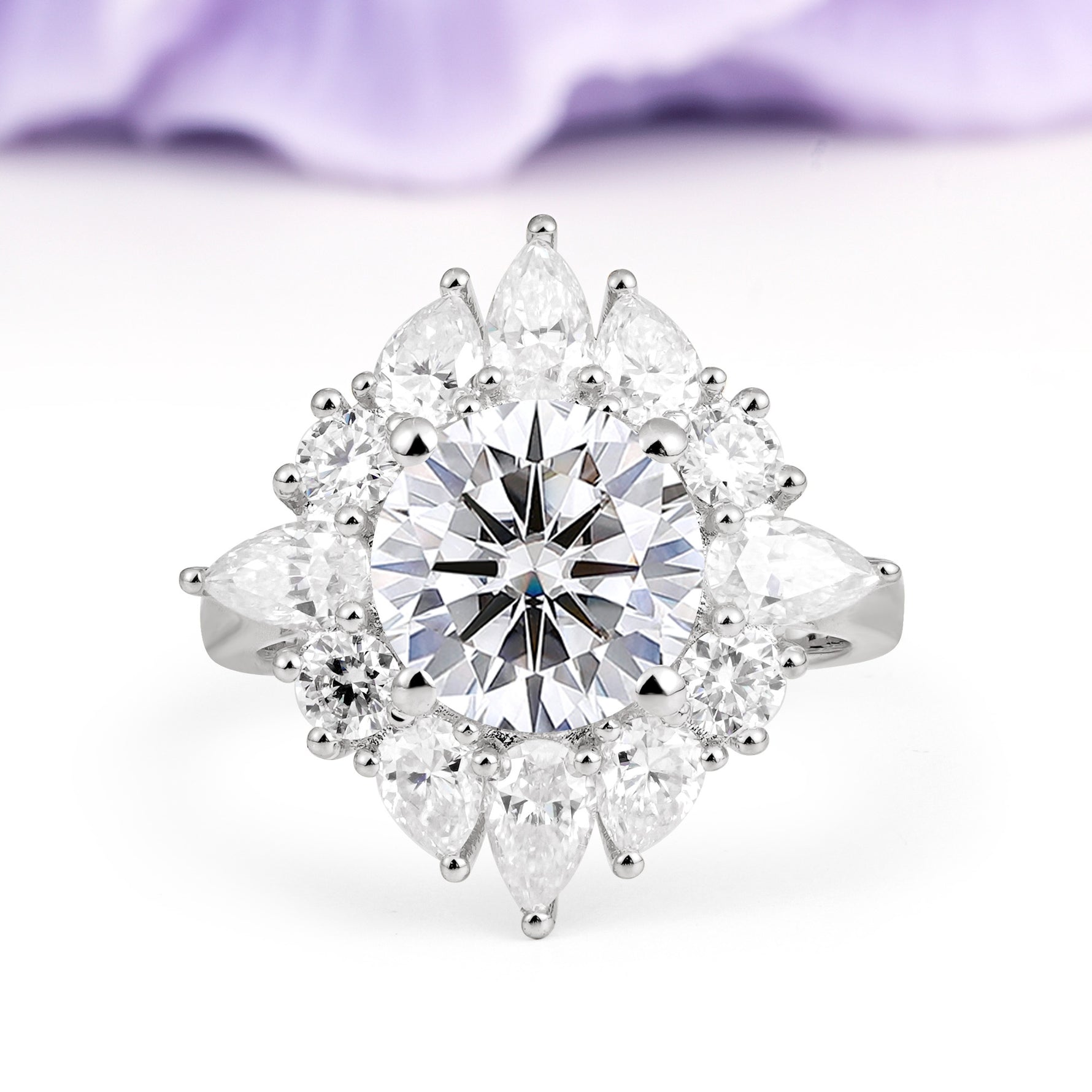 Stunning Starburst Floral Halo Round Cut Lab Diamond Engagement Ring - Additional view