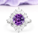 Stunning Starburst Floral Halo Round Cut Amethyst Engagement Ring - Additional view
