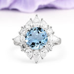 Stunning Starburst Floral Halo Round Cut Aquamarine Engagement Ring - Additional view