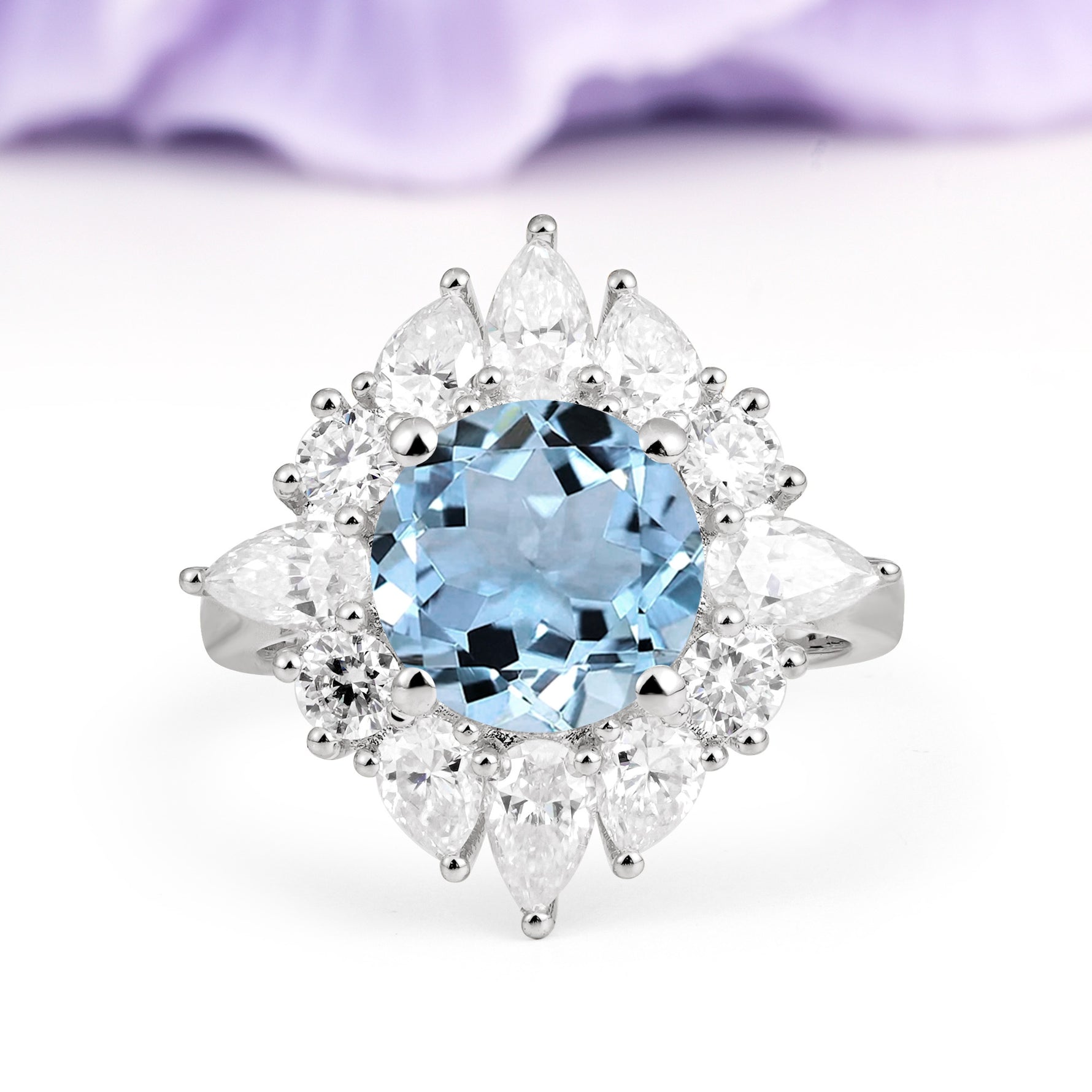 Stunning Starburst Floral Halo Round Cut Aquamarine Engagement Ring - Additional view