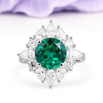 Stunning Starburst Floral Halo Round Cut Emerald Engagement Ring - Additional view