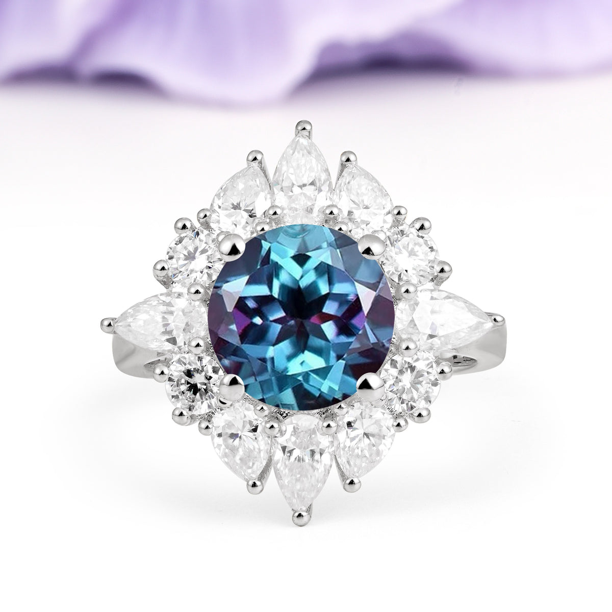 Stunning Starburst Floral Halo Round Cut Alexandrite Engagement Ring - Additional view