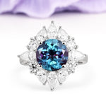 Stunning Starburst Floral Halo Round Cut Alexandrite Engagement Ring - Additional view