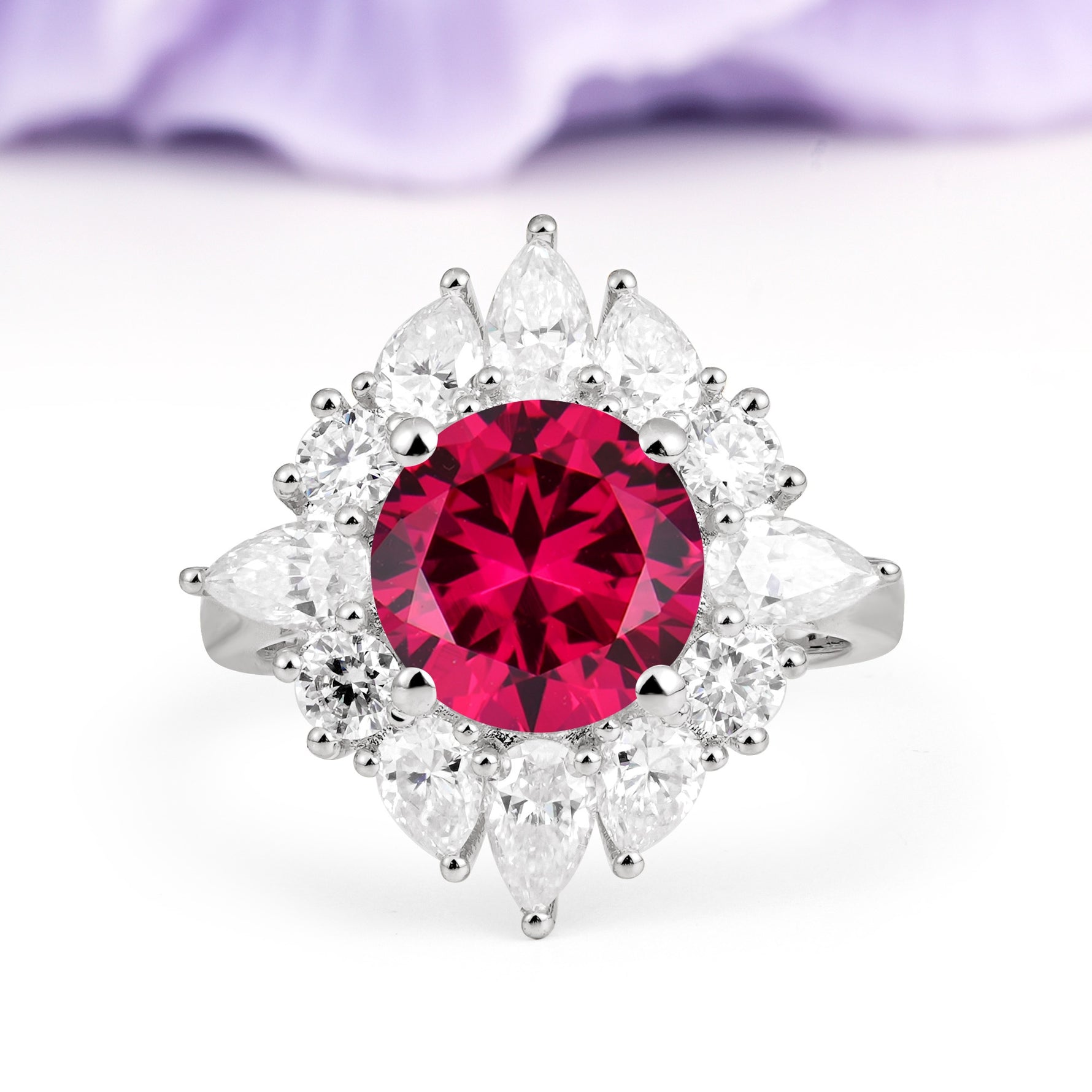 Stunning Starburst Floral Halo Round Cut Ruby Engagement Ring - Additional view
