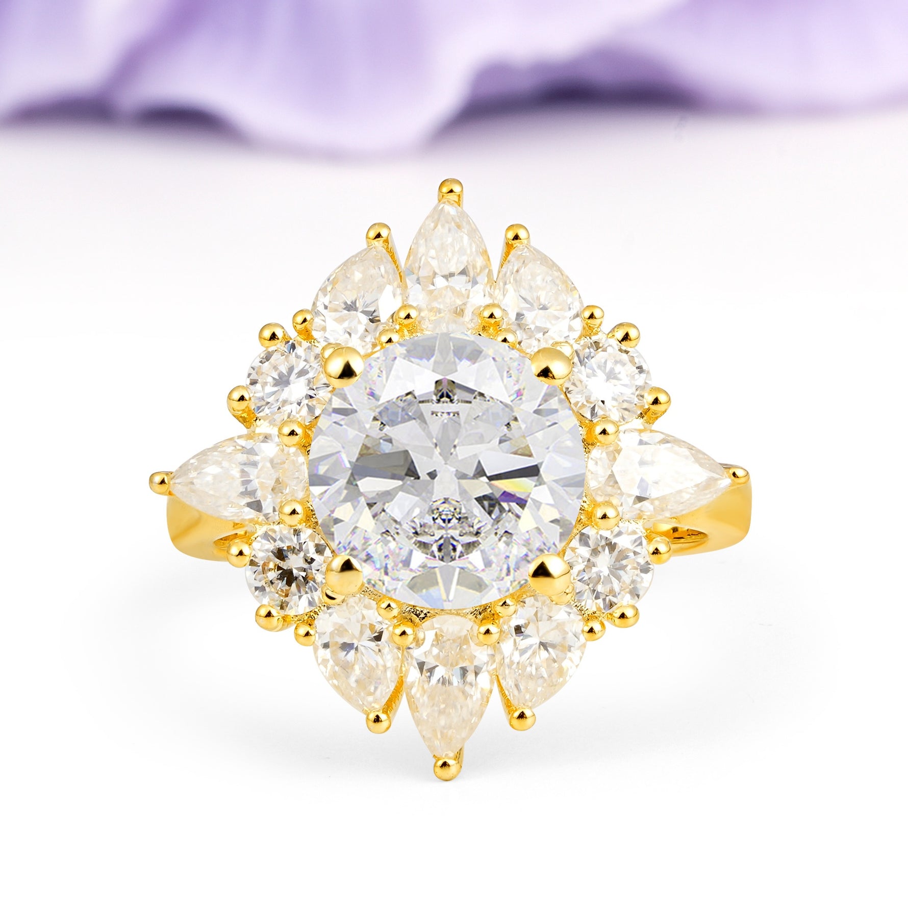 Stunning Starburst Floral Halo Round Cut Moissanite Engagement Ring - Additional view