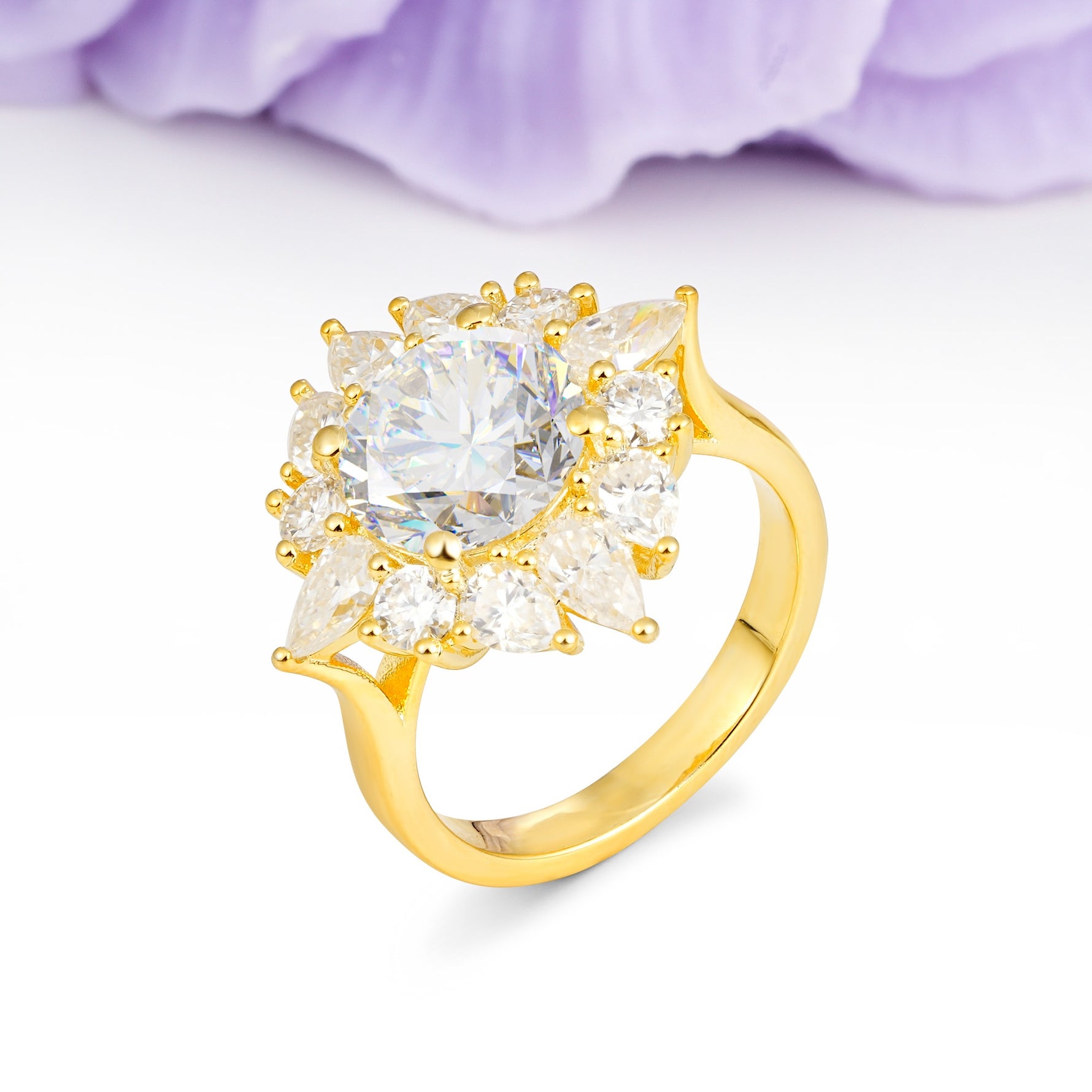 Stunning Starburst Floral Halo Round Cut Moissanite Engagement Ring - Additional view