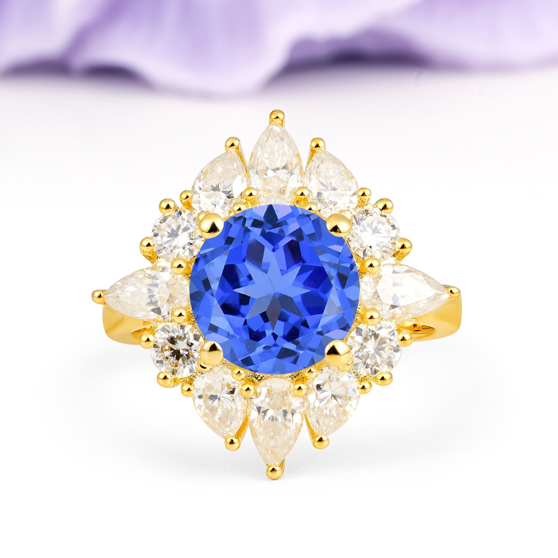 Stunning Starburst Floral Halo Round Cut Sapphire Engagement Ring - Additional view