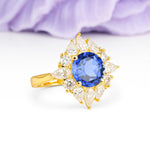 Stunning Starburst Floral Halo Round Cut Sapphire Engagement Ring - Additional view