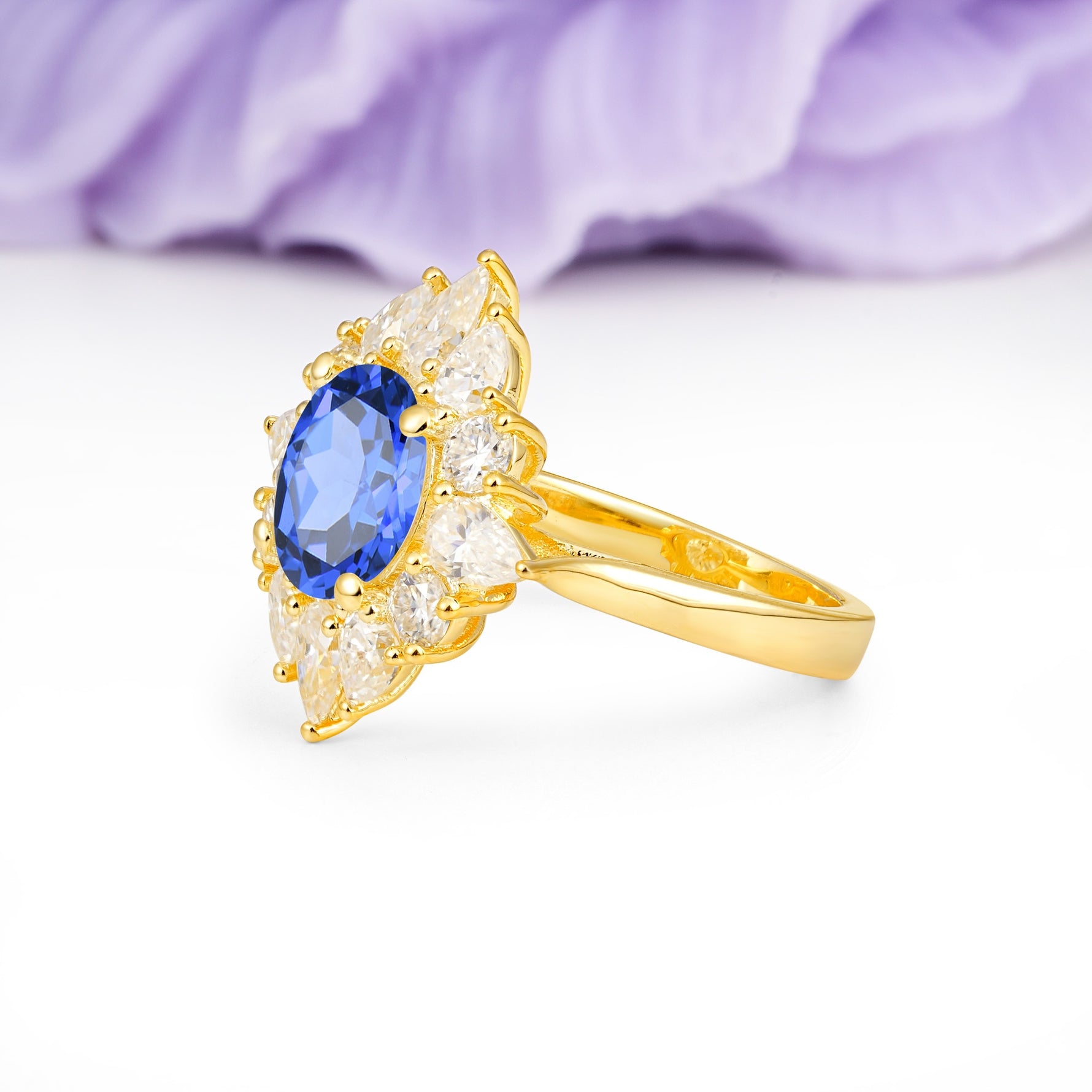 Stunning Starburst Floral Halo Round Cut Sapphire Engagement Ring - Additional view