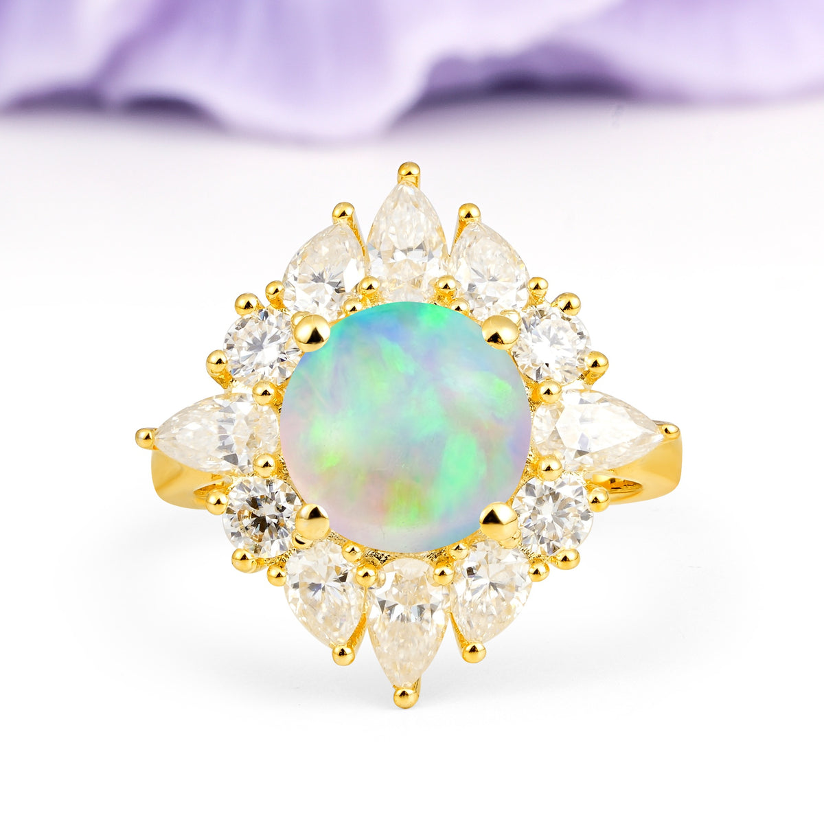 Stunning Starburst Floral Halo Round Cut Fire Opal Engagement Ring - Additional view
