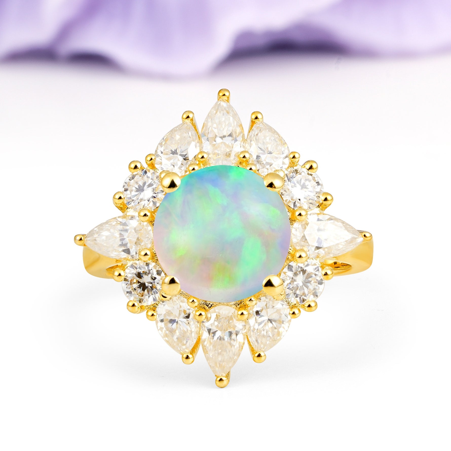 Stunning Starburst Floral Halo Round Cut Fire Opal Engagement Ring - Additional view