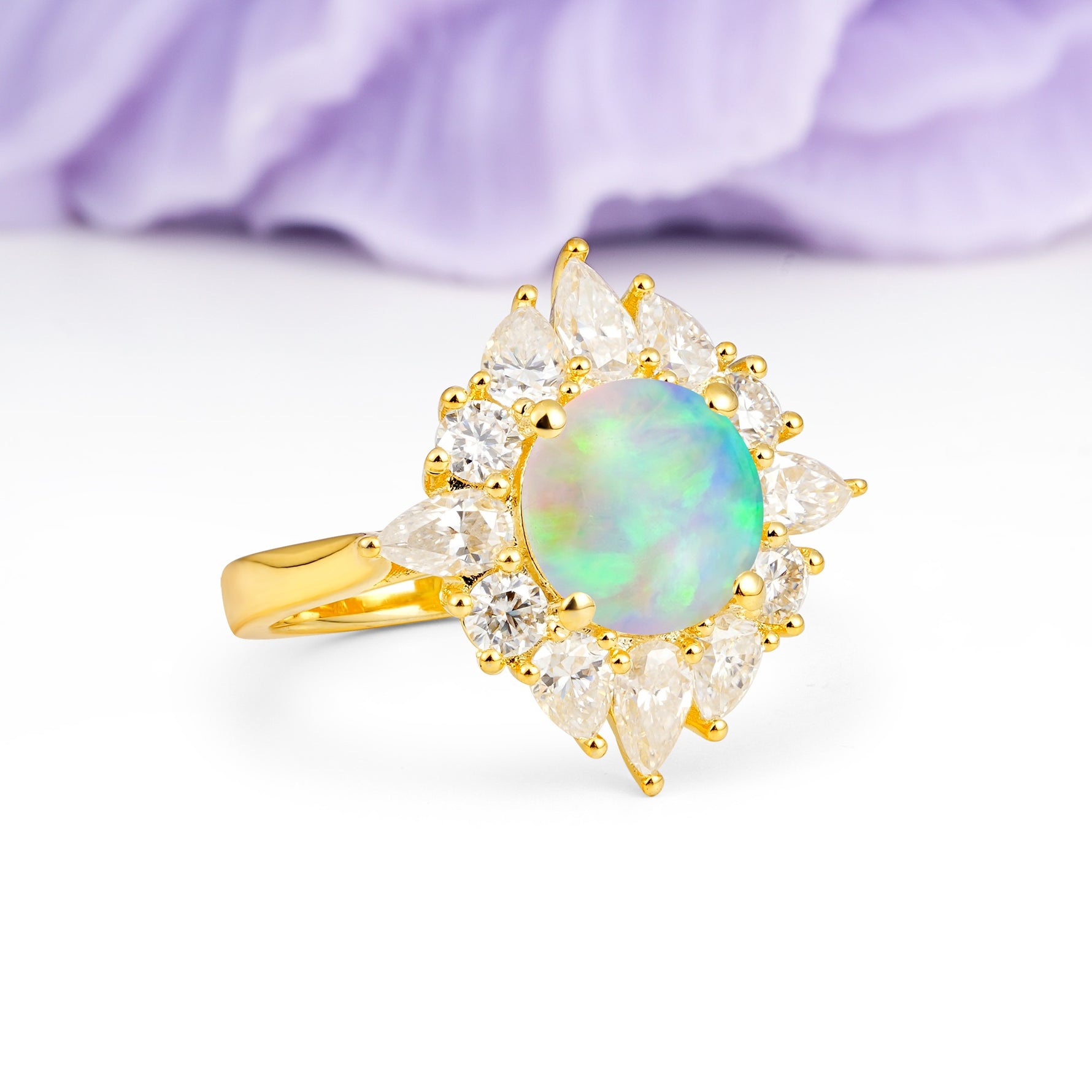 Stunning Starburst Floral Halo Round Cut Fire Opal Engagement Ring - Additional view