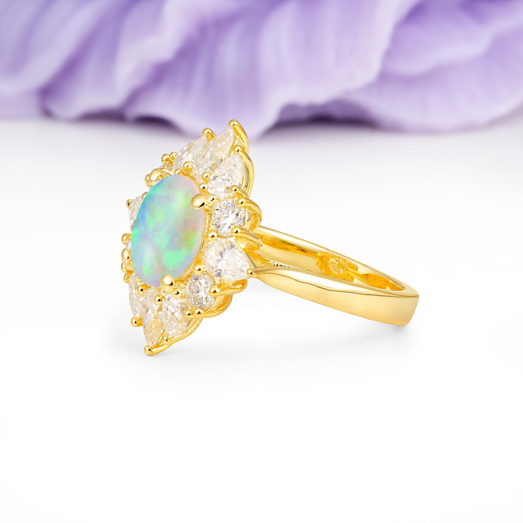 Stunning Starburst Floral Halo Round Cut Fire Opal Engagement Ring - Additional view