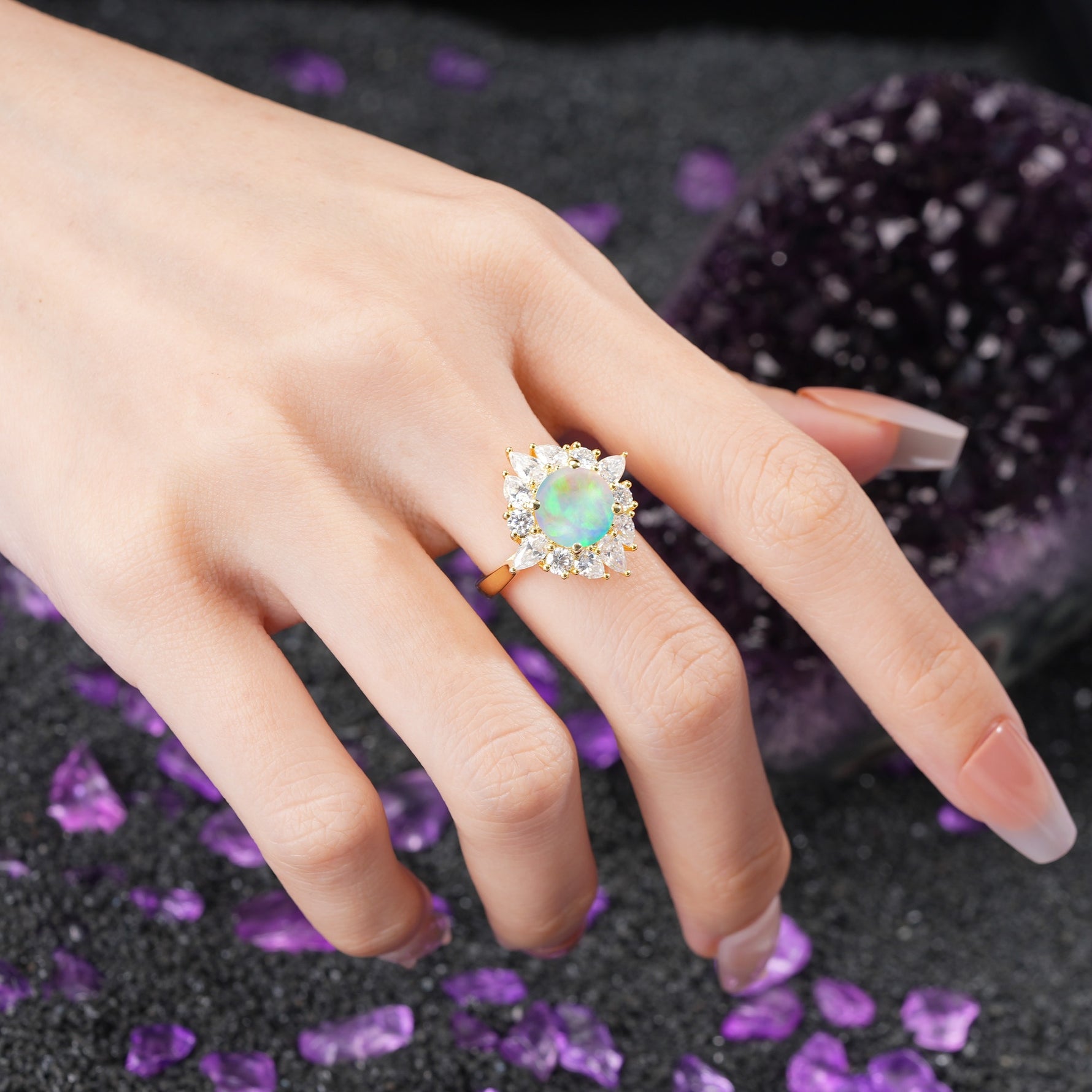 Stunning Starburst Floral Halo Round Cut Fire Opal Engagement Ring - Additional view