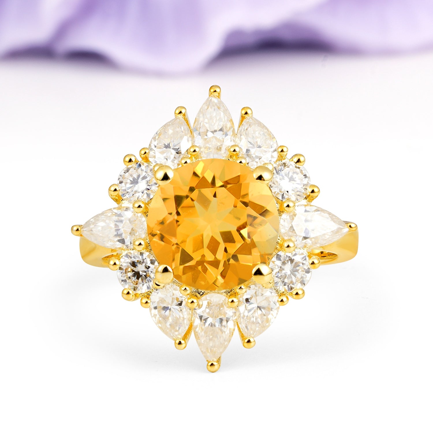 Stunning Starburst Floral Halo Round Cut Citrine Engagement Ring - Additional view