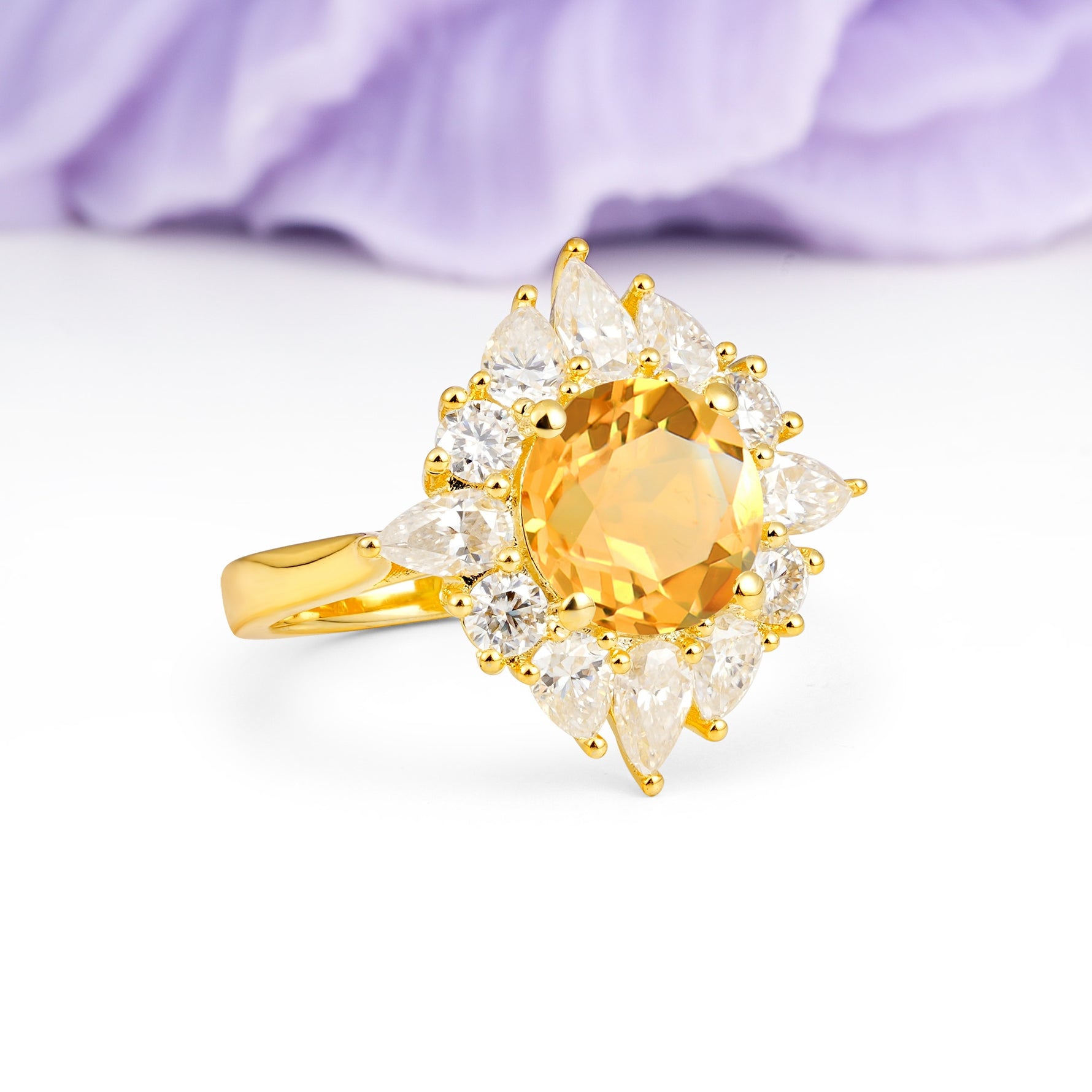 Stunning Starburst Floral Halo Round Cut Citrine Engagement Ring - Additional view