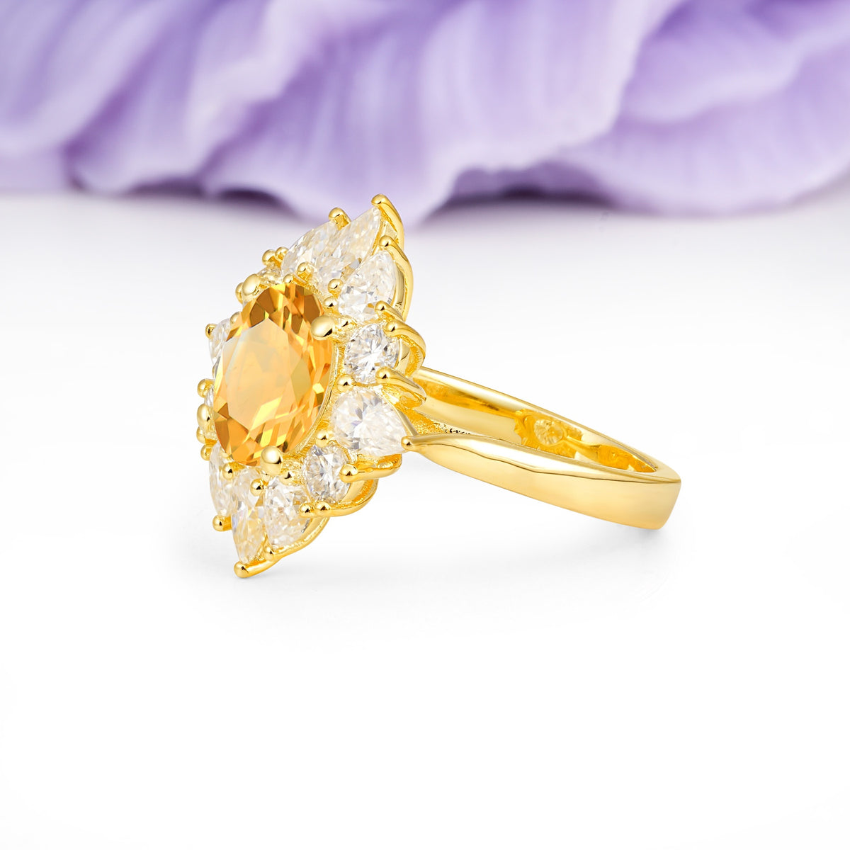 Stunning Starburst Floral Halo Round Cut Citrine Engagement Ring - Additional view