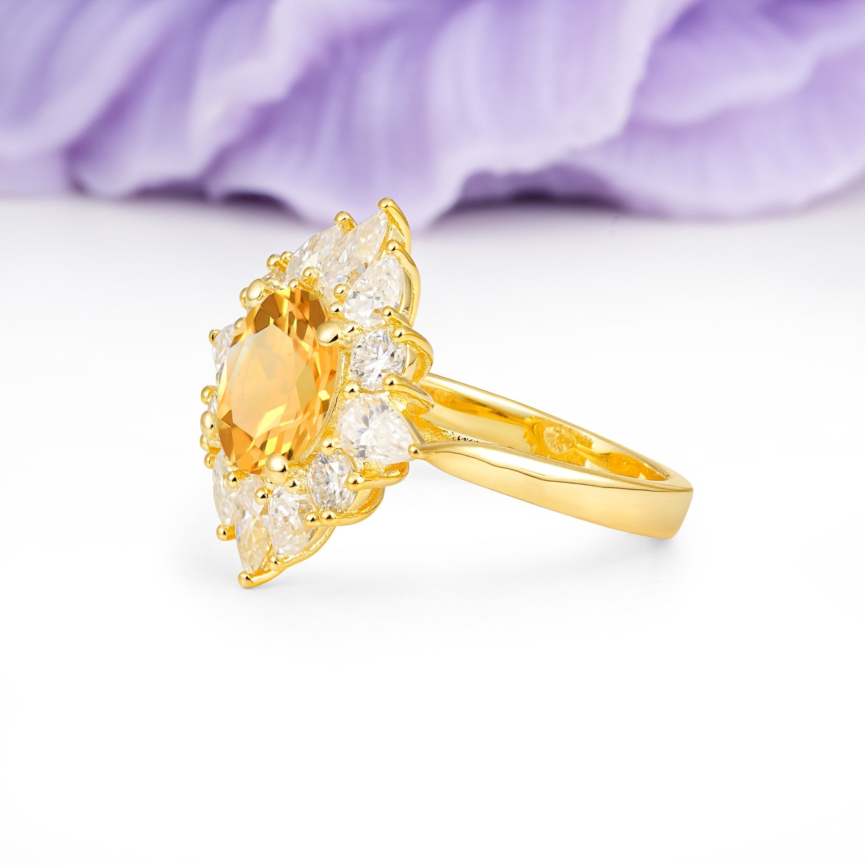 Stunning Starburst Floral Halo Round Cut Citrine Engagement Ring - Additional view