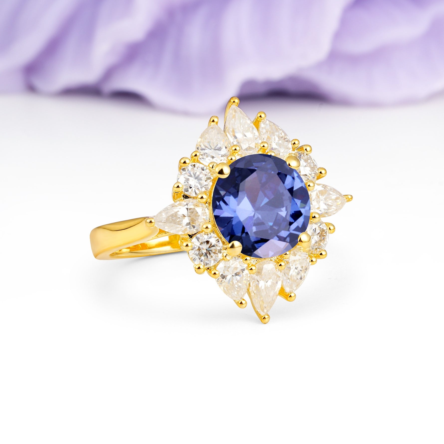 Stunning Starburst Floral Halo Round Cut Tanzanite Engagement Ring - Additional view