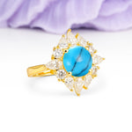 Stunning Starburst Floral Halo Round Cut Turquoise Engagement Ring - Additional view